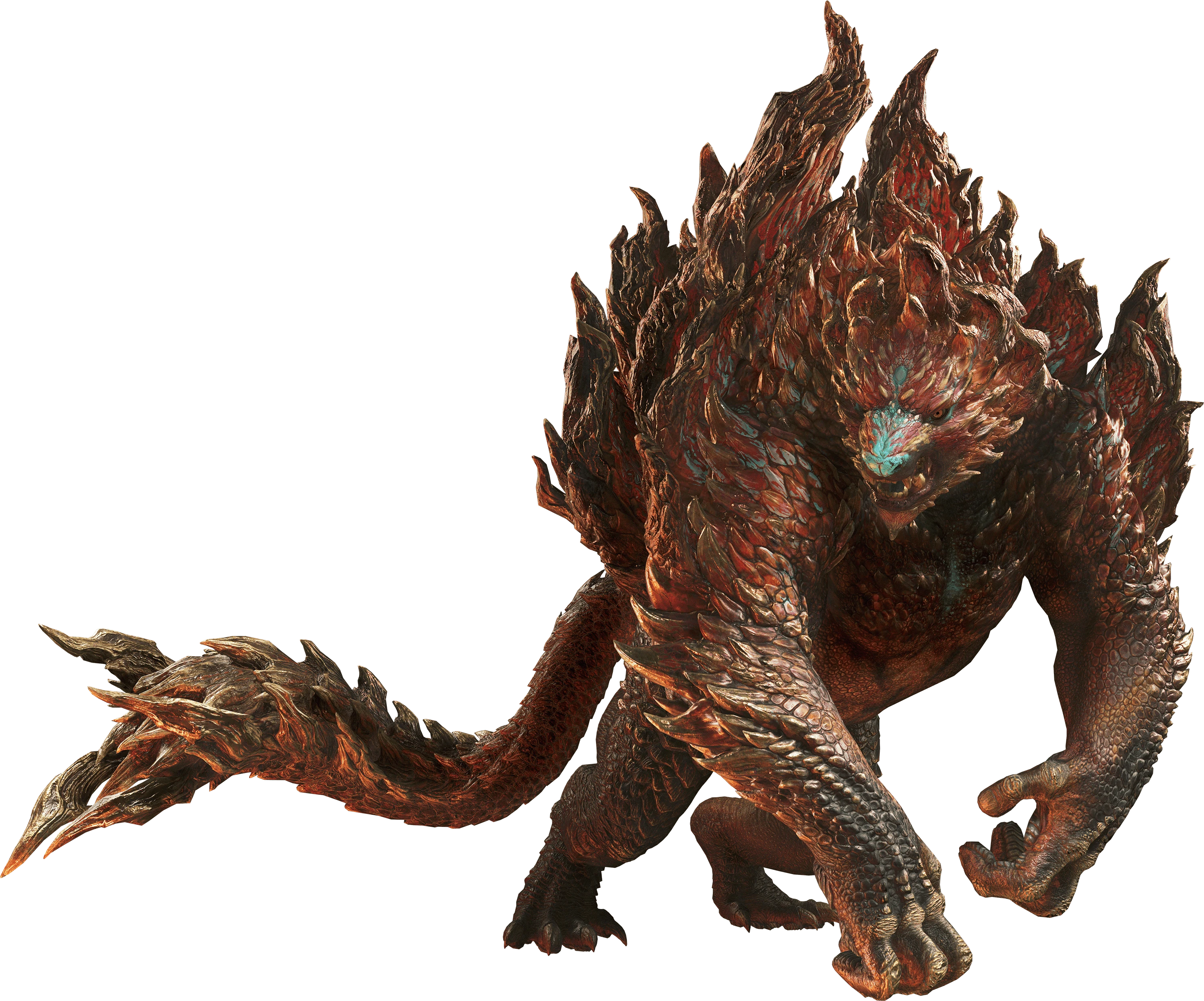 a quadrupedal monkey-like monster which is covered in many scutes and spikes, it stands on its knuckles. Much of its body is red, the ends of its limbs are a dark grey, and it has cyan patterns on its face and body. Most of the spikes on its body point upwards and resemble flames. The largest spikes are on its back and its tail. Its limbs are muscular, the front pair end in four fingers which have short nails, while the hind limbs end in four sharp claws.