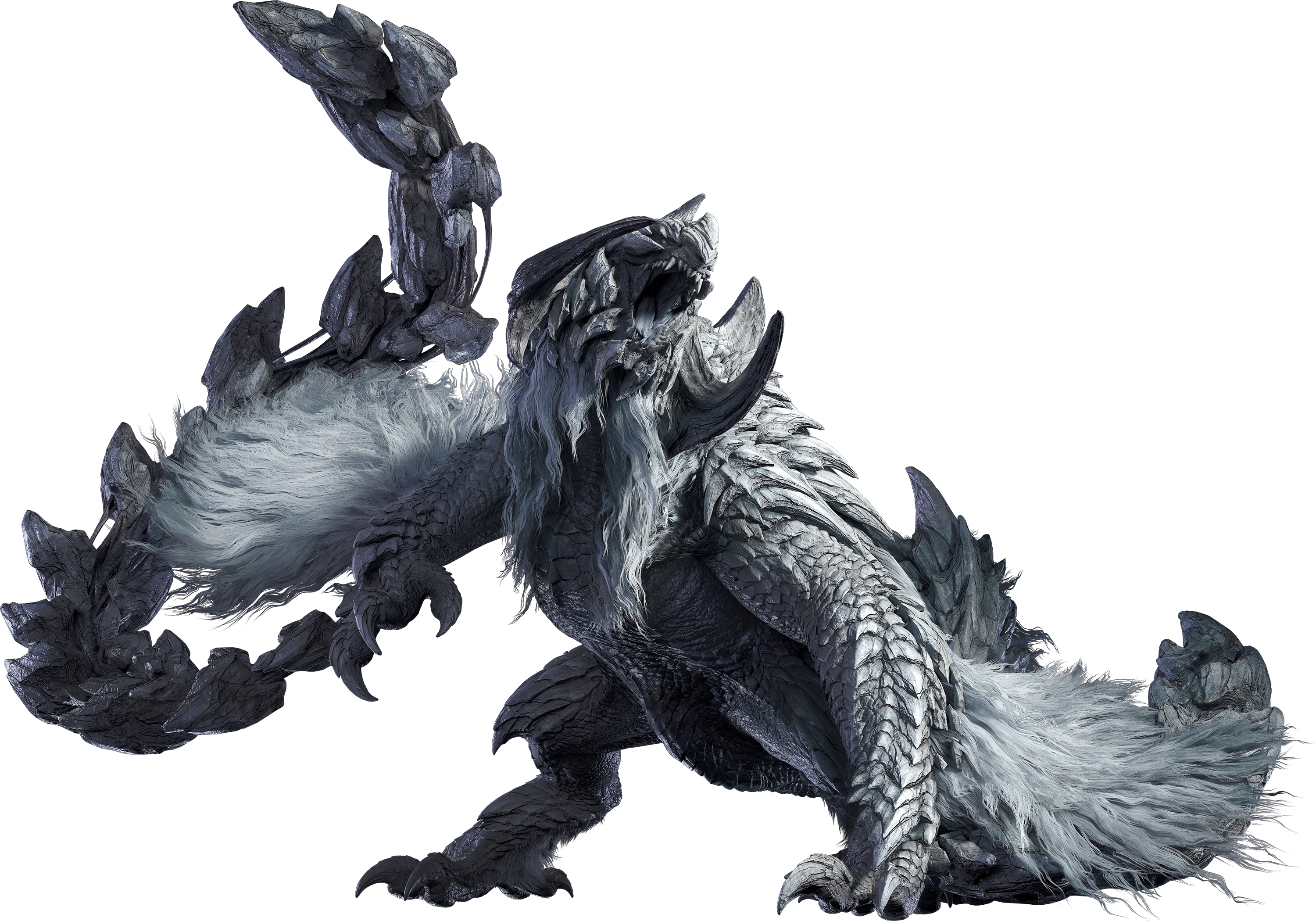 a quadrupedal, monocromatic wyvern, the armor plating on its back, limbs, face, whips, and tail, as well as the fur on its wings, tail, and neck are a cool white, its underside and the tips of its horns are dark grey, and the inside of its mouth is a bluish grey. It is covered in thick, overlapping armor plating, which forms spikes on its shoulders and back. Its head is mostly armored on top, on its cheeks, and on the underside of the lower jaw, the unarmored areas are covered in slightly darker, significantly smaller scales. Its forelimbs are muscular and not only end in sharp, curved talons, but also have a flexible, whip-like structure attached to the outer hand. Its hind legs are also muscular and end in curved talons, and its tail is mostly obscured by the fur on its front legs.
