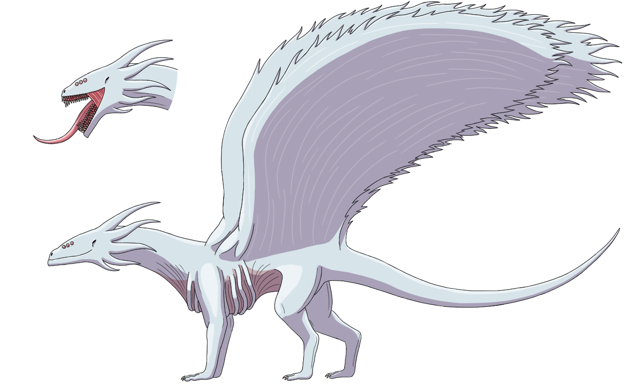 a quadrupedal, four-winged dragon with six red eyes and pale blue skin, its underside is a dull pink. Its head is angular and its chin juts slightly, five pairs of frills are visible around its head. Its wings are rounded and have ragged edges, the second pair are slightly smaller. In the upper left corner is its head with its mouth open very wide, its teeth are needle-like, it has a second set of jaws, and its tongue is long.