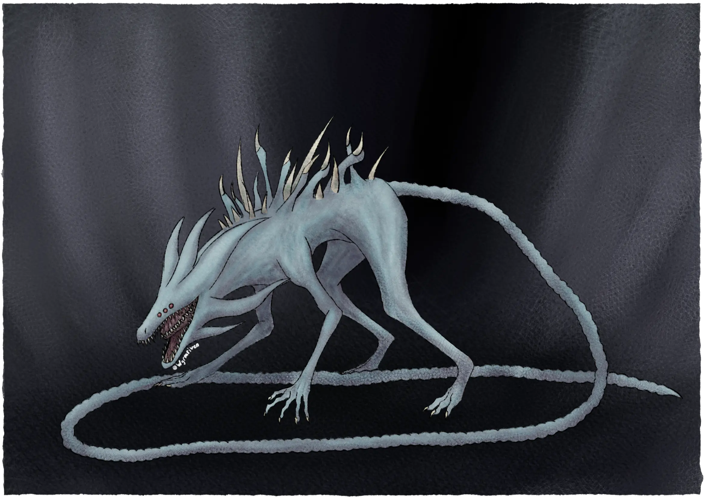 a quadrupedal, dragon-like monster with three pairs of red eyes, needle-like teeth, frills around its head, and many spikes and growths on its back. Its mouth is open, revealing a second set of jaws, its skin is a pale bluish color. Its tail is thin, very long, and lumpy.