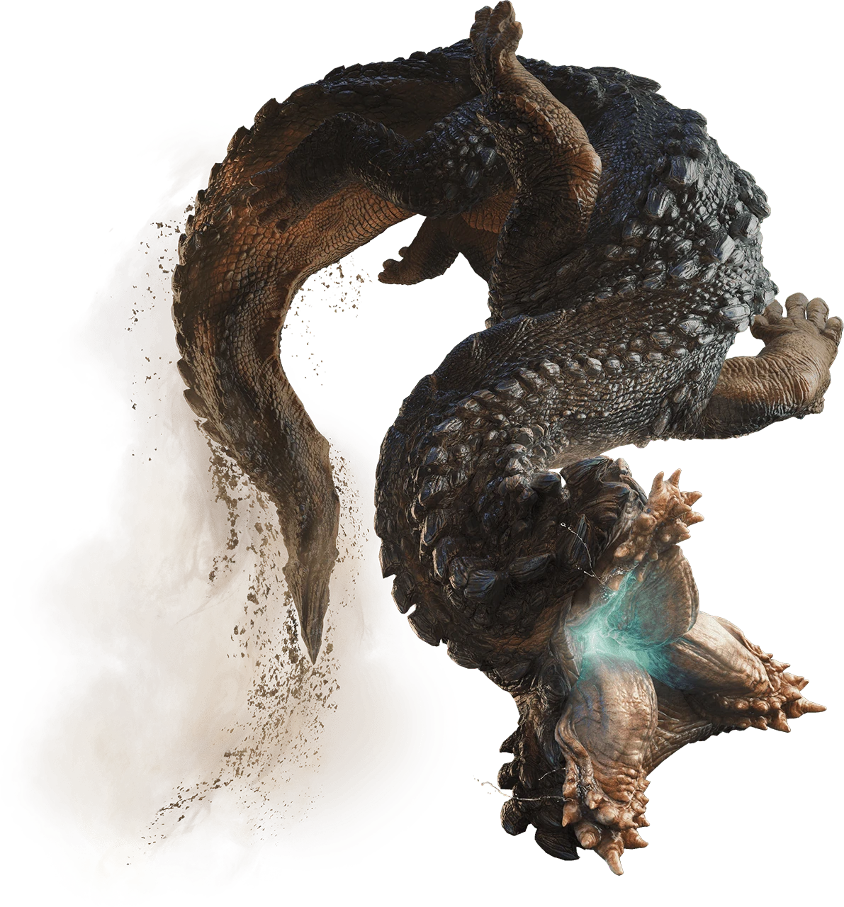 a quadrupedal monster that is serpentine in shape, it has tripartite jaws that are lined with two rows of sharp teeth. Beady blue eyes also line these jaws in a similar manner to a scallop, a lighter blue glow eminates from within its mouth. It is covered in several rows of large, nearly black scutes, with smaller scales covering the rest of its body, they are a somewhat lighter brown on its underside. Its legs are stubby and end in short, clawless toes. Its tail is very thick towards the base and tapers to a point.