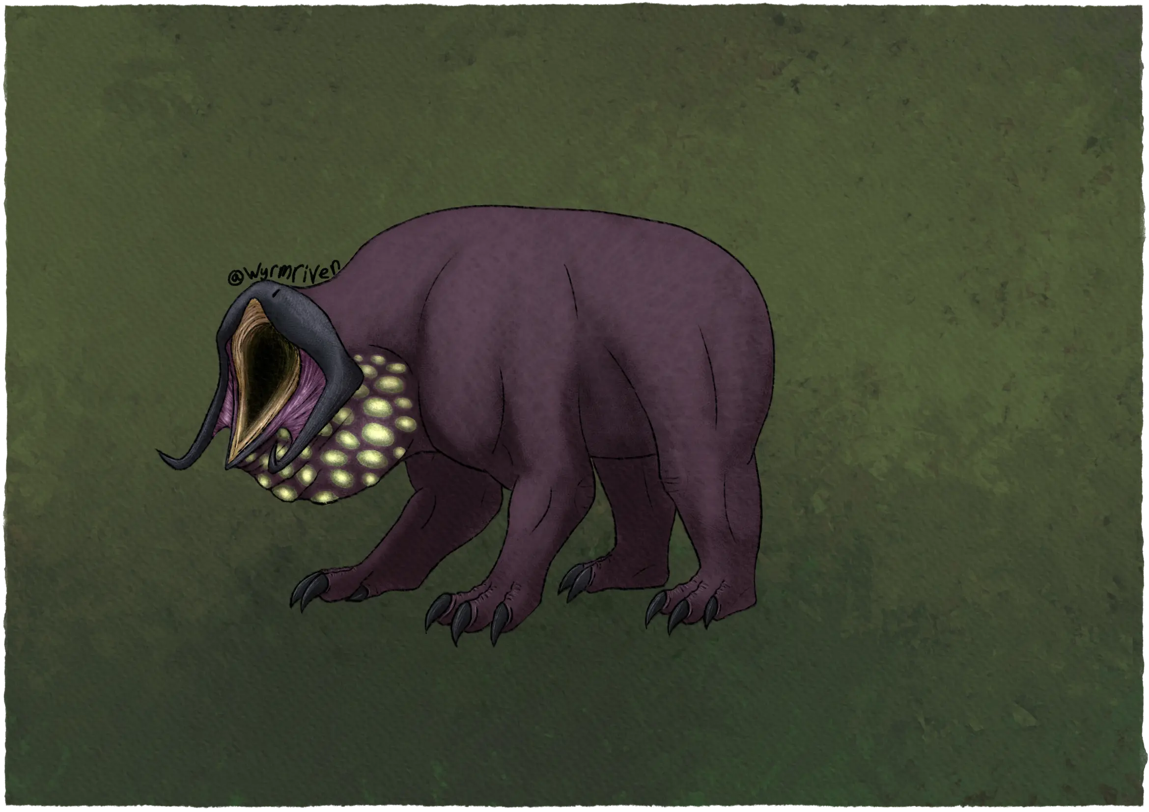 a drawing of a quadrupedal monster on a textured green background. The monster's skin is reddish and its head is covered by a smooth grey carapace. Two mandibled extend from its jaw and its mouth is wide open. A pink membrane connects the mandibles to the lower jaw, and the inside of its cavernous maw is yellow. Its neck is very thick and the underside is bulbous, covered in various yellow=green sacs. Its body is stout and tailless, its front limbs are muscular end in three large claws, plus a smaller thumb claw. Its hind legs are equally as muscular  and end in three more claws.