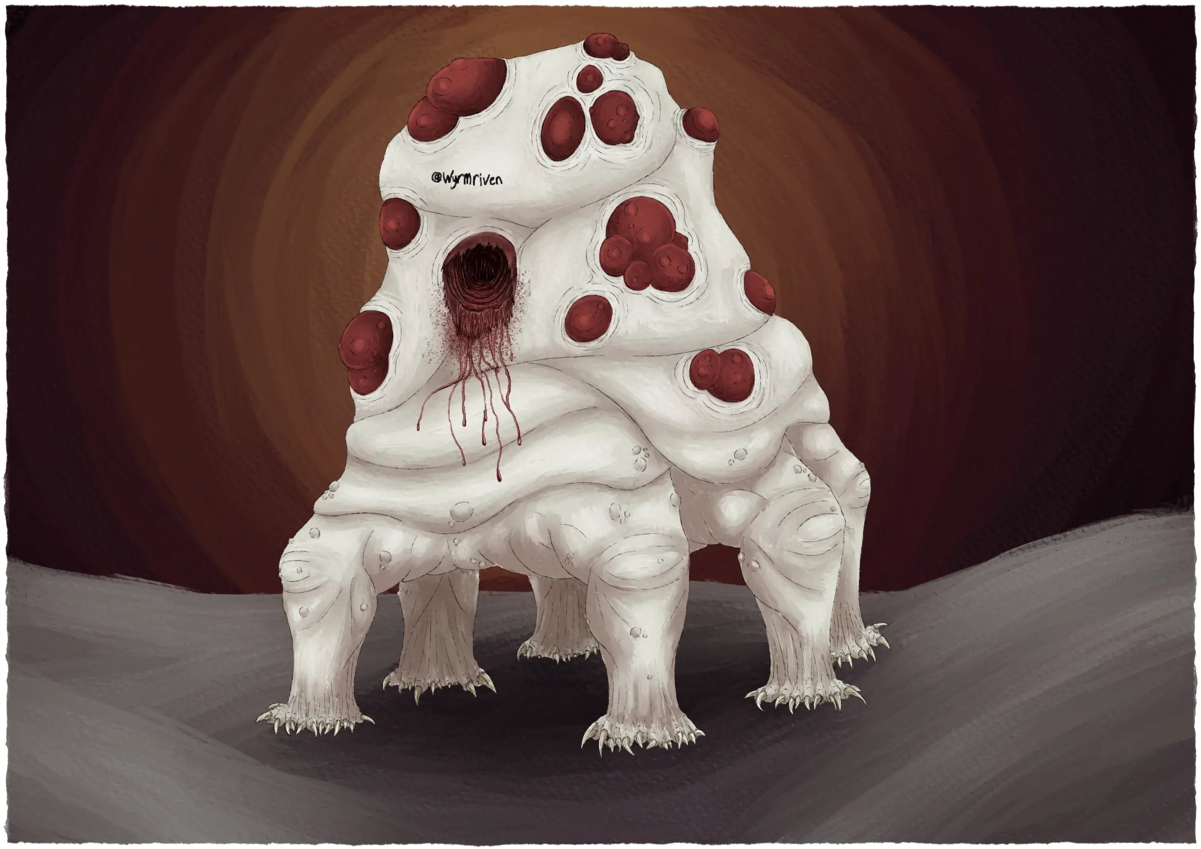 a drawing of a six-legged monster standing on greyish sand with a red sky in the background. Its six legs encircle the body, having no discernable front or back, it also lacks a distinguishable head and its body is tower-like in shape, taller than it is long. Its skin is pale and flabby, with red boils scattered about. One boil has been burst open, blood is leaking out. Its legs are thick and warty, with wide feet that have toes that fully circle them, some toes have multiple claws.