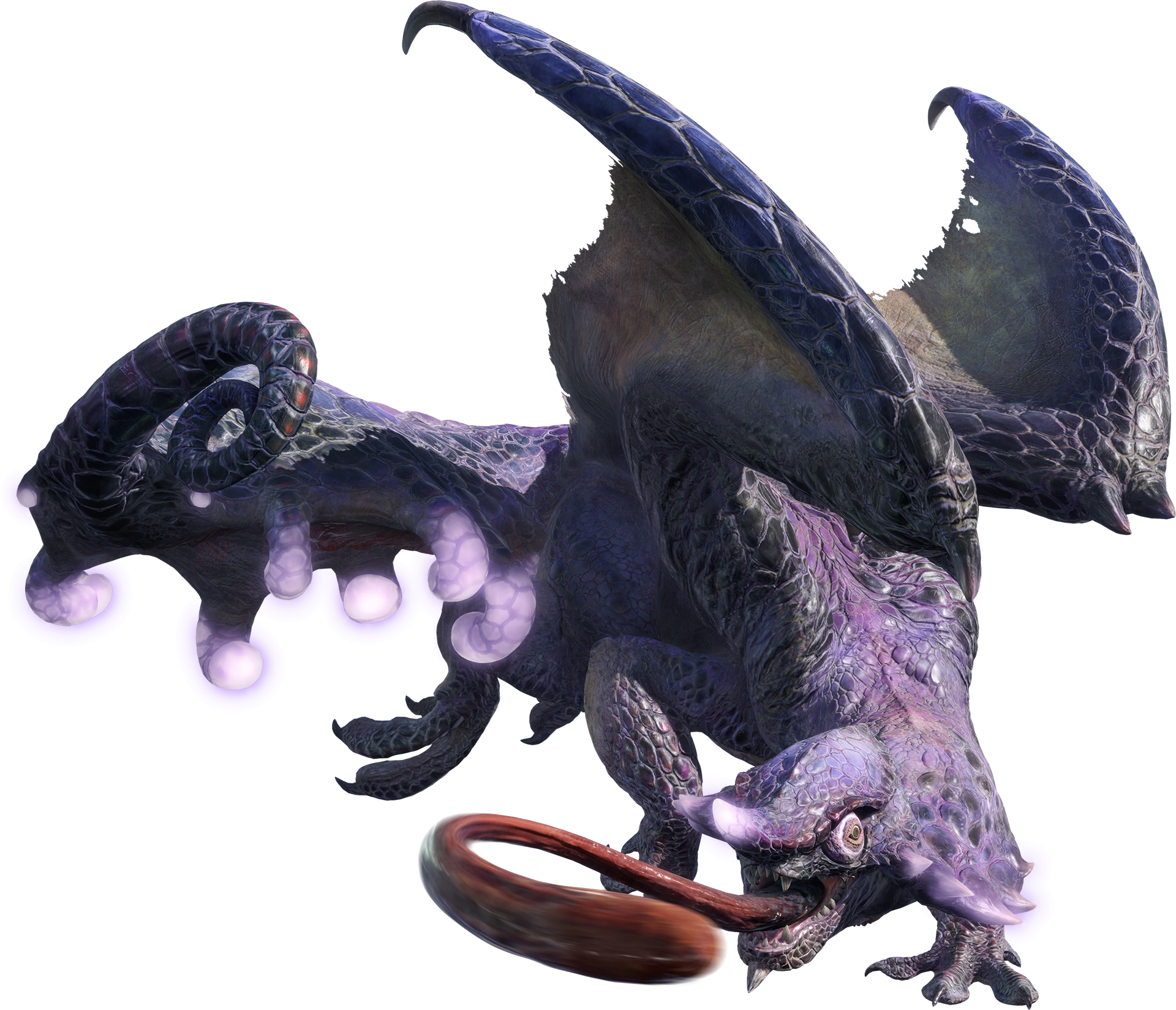 a quadrupedal, winged dragon which resembles a giant purple chameleon. It has a very long tongue, a nose horn, eyes that can independently move around, and a mouth full of sharp teeth. Its neck is hooded, with thick spikes lining the edges of said hood. Its legs are stubby and end in small, sharp claws, while its wings are thick. Its tail starts off very wide and flat, like a hood, four pairs of glowing, globe-like appendages line the edges of this hood and curl inwards, with the last pair of bulbs being the smallest. The tip of the tail is curled like that of a chameleon