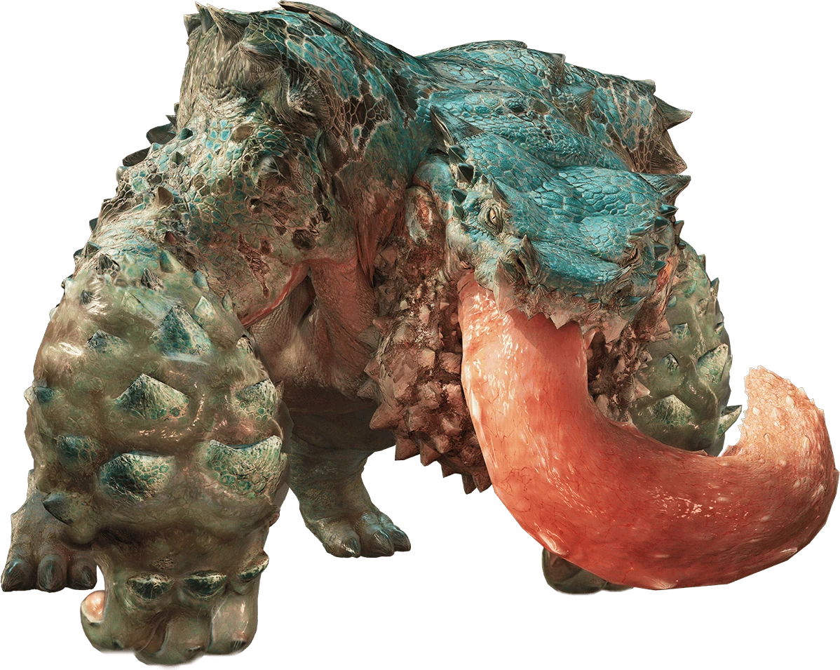 a quadrupedal, frog-like monster, it is mostly turquoise in color with black markings and a pale underside. Its head has a row of spikes on either side of it and the lower jaw is covered in a very large amount of short spikes, its tongue is very long and thick, with small barbs towards the tip. Its posture and build are like that of a gorilla, it is very muscular and is standing on its knuckles. Its forearms are especially large and are covered in triangular scutes. Its hind legs are mostly obscured by the arms, but what can be seen shows that they are not quite as bulky