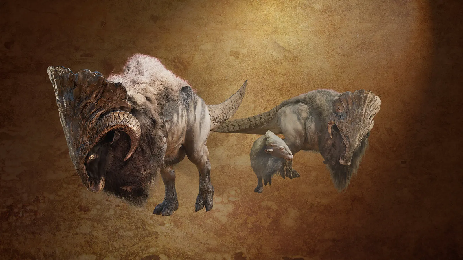 three bipedal, mammalian monsters on an aged paper background, their posture is similar to that of a theropod, one of them is a juvenile member of the species. They have shaggy fur on their neck and back, with a bony crest on their head, which is smaller on the juvenile. The two adults also have a pair of curled horns on either side of their head. Most of their exposed skin is smooth, though their tail is covered in armor plating.