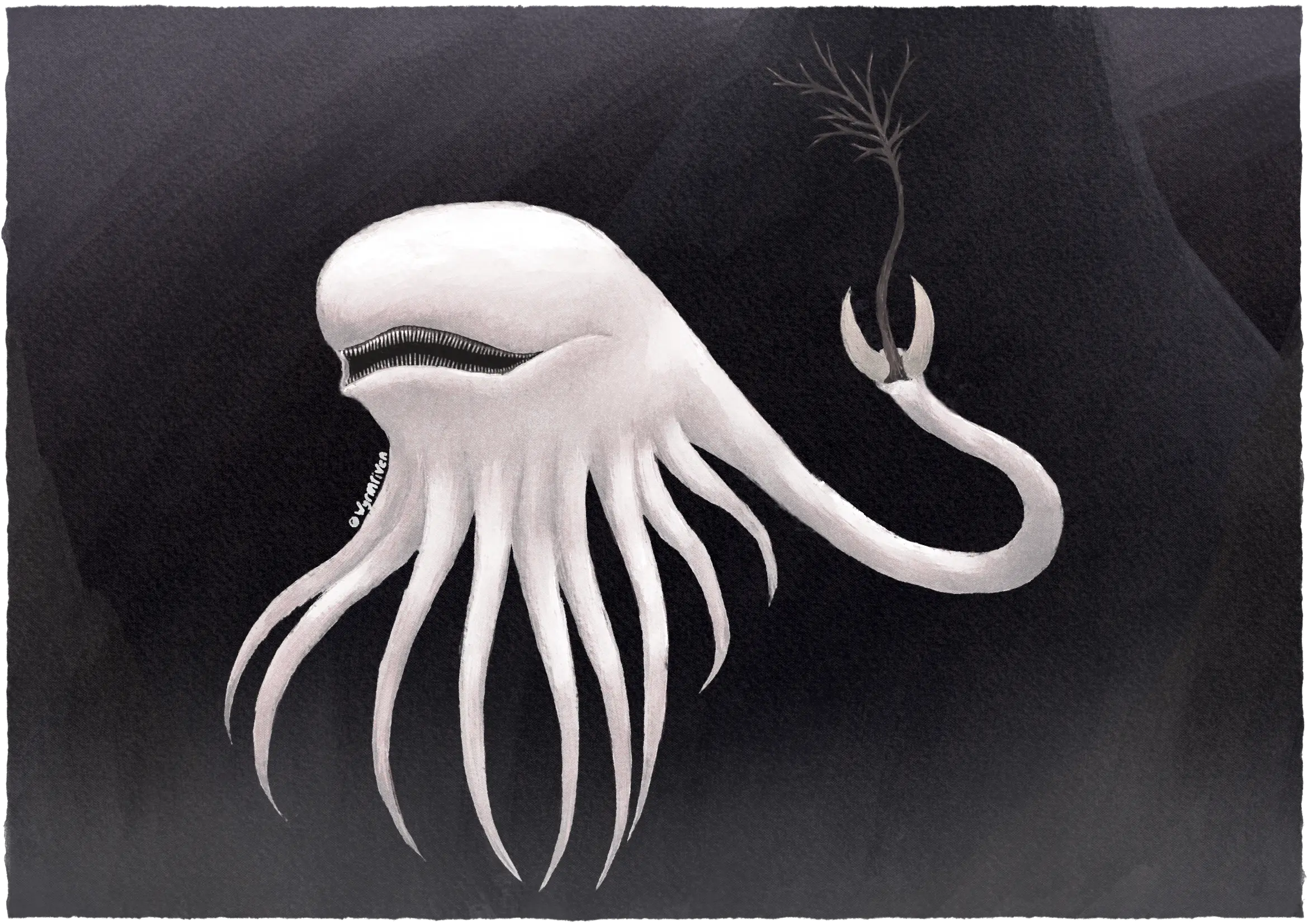 a drawing of a white, tentacled monster on a simple dark and mountainous background. The monster's mouth takes up a lot of its body, its gums are black and bear white, needle-like teeth. Its head is bulbous and leads into a long tail that ends in a pincer and a dark, branching tendril. Its tentacles encircle the body, they are long, smooth, and tapered.