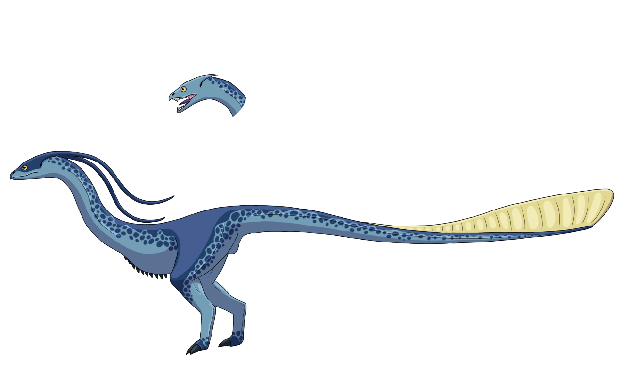 a blue, bipedal, dinosaur-like creature. Its back is dark blue in color and it has several spots in that same shade of blue. It fully lacks arms and its legs end in hoof-like feet. Its head is beaked and has a pair of long tendrils coming off from it. Its tail is especially long and has a pale yellow fin on top of it. Above it is the head and neck of a female of the species, she has significantly less dark blue and has smaller tendrils, her mouth is open.