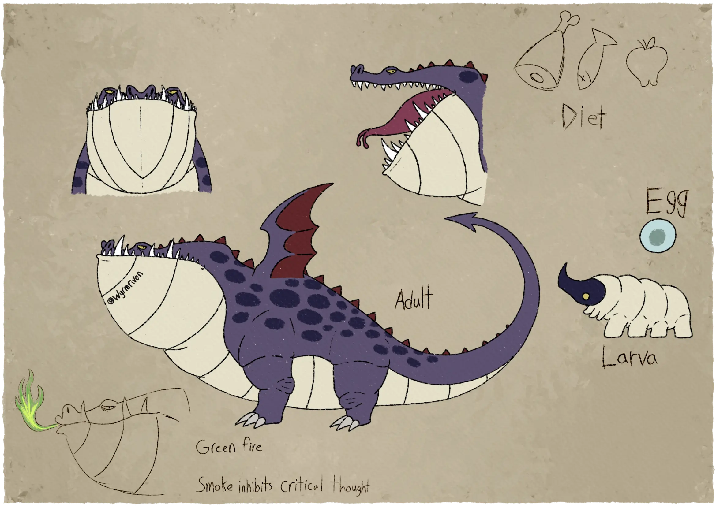 a sheet depicting a large, quadrupedal dragon and its growth stages, it resembles a fat crocodile with small wings, much of its body is purple with dark purple splotches, the underside is off-white and the spikes and wing membranes are red. The adult dragon has a long snout, the nostrils at the end are prominent and the eyes are about halfway down. Large tusks emerge from the lower jaw, along with smaller teeth. A row of triangular spikes go down its back, ending halfway down the tail. Its legs are short and stocky, its wings are too small for it to be able to fly. Its tail ends in an arrowhead shape. The larval dragon has a dark purple facial shield that ends in a sharp horn, Its body is off-white and segmented. Three pairs of nubby limbs are held close to its body, while another four pairs of much stockier limbs are used in walking. The egg is round and light blue with a dark, greenish center. On the upper left is a front view of the dragon's face and to its right is a side profile of the dragon's head with an open mouth. In the upper right corner next to the side profile are three sketches labeled as 'diet', they are a fish with crossed out eyes, a cartoon hunk of meat, and an apple. In the lower left corner is a fourth sketch depicting the dragon with pursed lips, a green flame emerging from the aformentioned lips. It is labeled with 'green fire' and 'smoke inhibits critical thought'.