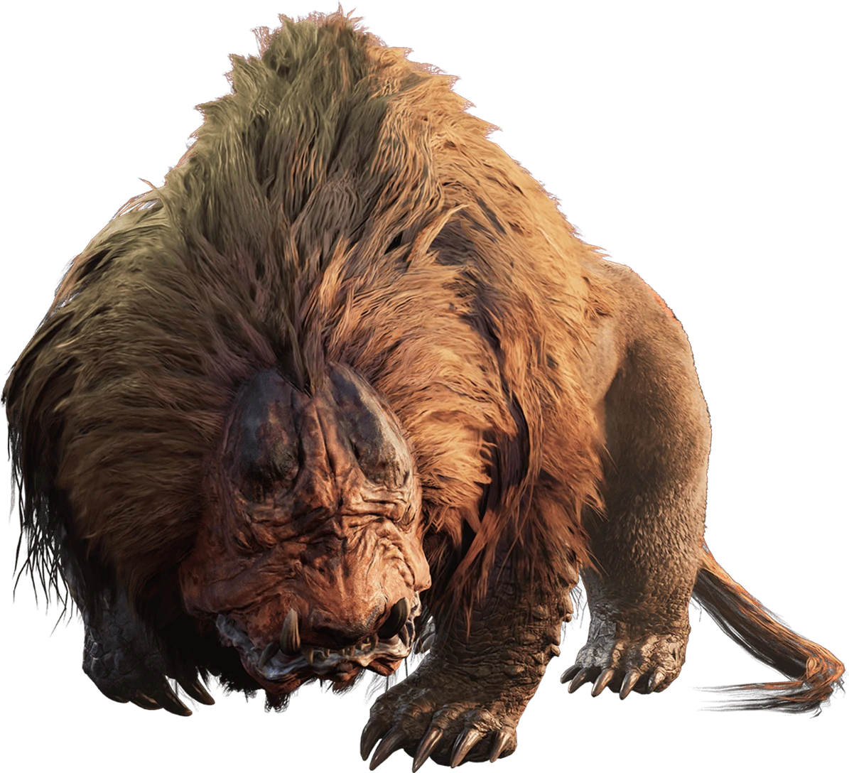 a quadrupedal, mammalian monster, it is covered in shaggy brown fur and has a bald face. The skin on its face is reddish and very wrinkly, with two bony plates on its forehead, these are darker in color. It has four tusks, the ones protruding from its lower jaw are larger. Its fur is shaggiest on its neck, tail, and back, it also has a large hump above its shoulders. Its limbs are bulky and are hairless towards the clawed paws, instead being covered in scutes and scales.