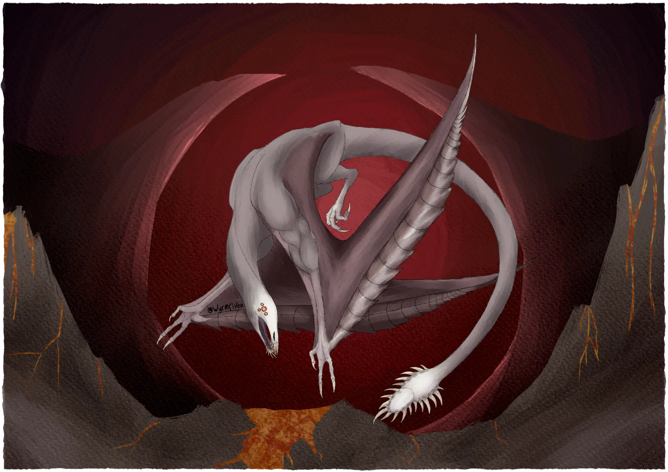 a digital painting of a flying wyvern on a volcanic background, the sky is red, multiple rivers of lava can be seen, and a ring of red stone is seen in the distance. Its off-white face is smooth amd has many needle-like teeth in its mouth, it also has four pairs of orange eyes arranged in a triangle. Its neck curves up into its greyish body, its wing-arms are muscular and end in off-white bony fingers, its wing finger is heavily armored and is reddish with off-white markings, the wing membrane is a dark, dull red. Its legs are somewhat thin and end in sharp talons. Its tail is very long and ends in a pale, spiky club.