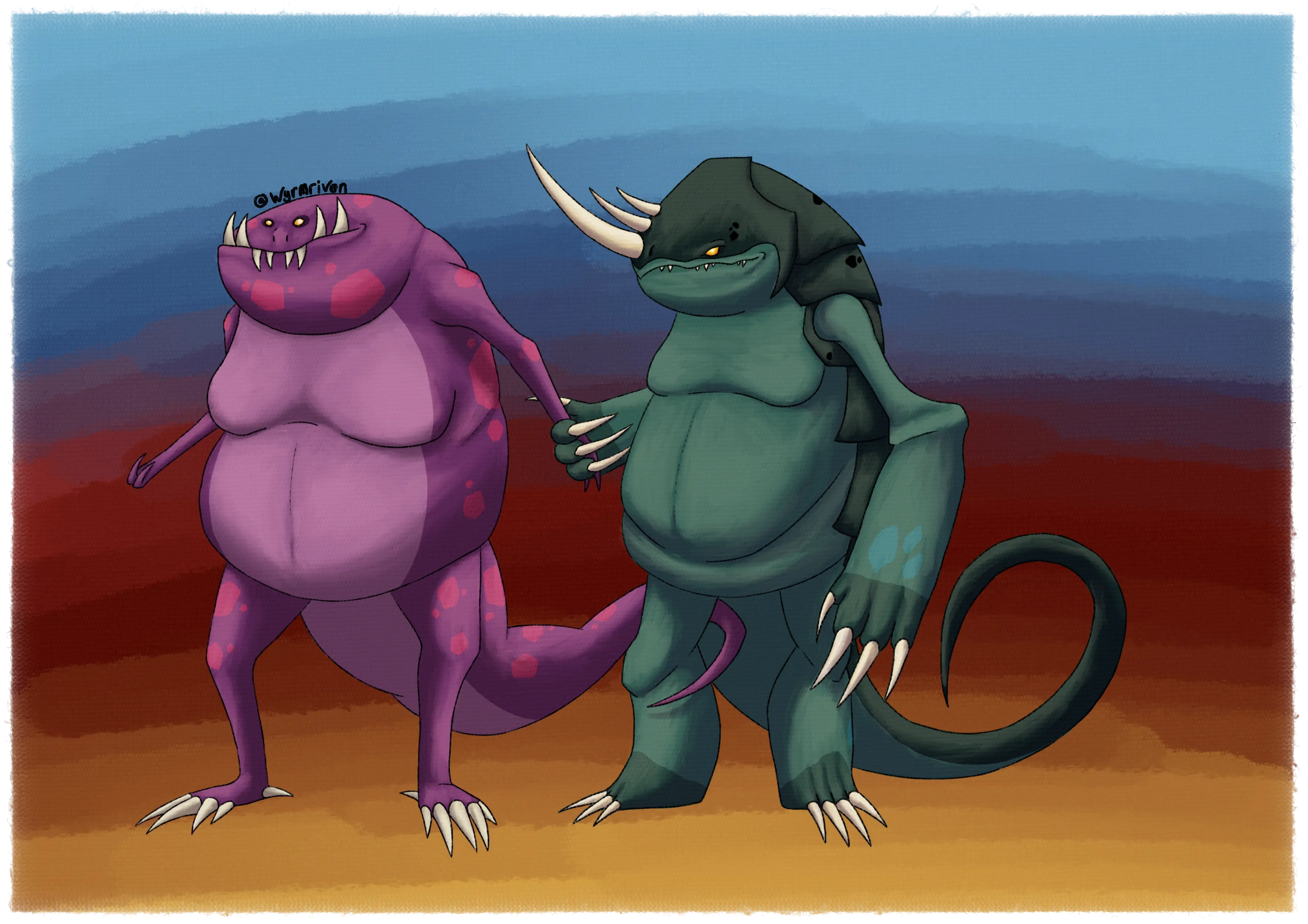 two fat, anthropomorphic dragons holding hands on an abstract, multicolored background. The dragon on the left is mainly purple in color, having fuscia markings and a pale purple underside. Her teeth are large, tusk-like, and prominant and her snout is very short. Her arms are short and end in two fingers. Her legs end in large feet with many claws on them, and her tail is rather thick, but becomes thin at the tip. The dragon on the right is mostly green in color, with a darker green carapace on her head and back. She has three, rhino-like horns and a small beak. Her arms start off thin but become wide past the elbow, her wrists have two blue patches, and her hands have four fingers with long, sharp claws. Her legs are similarly thick and end in four more claws. Her tail starts off thick but tapers off to a point.