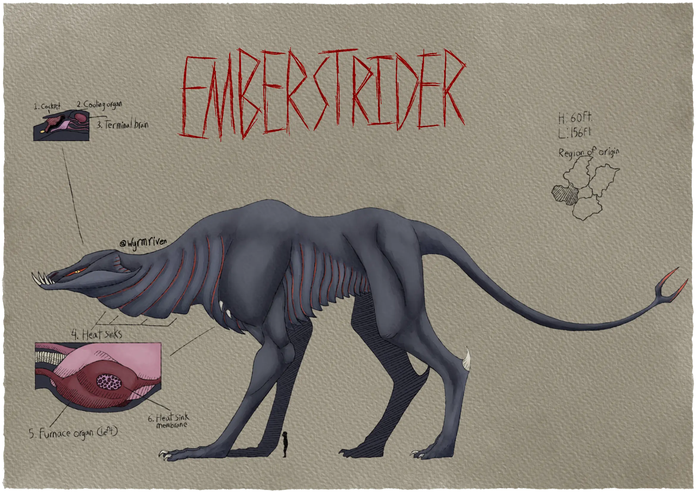 a sheet depicting a quadrupedal, wingless dragon and specific informtation on it. It is mostly a purple-ish grey and is lighter on the underside. The dragon's head is narrow with fang-like teeth emerging from the end of the lower jaw, its yellow eyes are embedded within an orange line on its face. Its neck is thick and plated on the underside, with an orange line present on the inner edge of each plate. The plating continues into its lean torso, its front legs are thin and muscular, ending in short, hooked claws. Its hind legs are also lean and end in short claws as well. Its tail is thin and ends in a prong, the tip of each point is orange. Above the head is a cutout of some of the internal anatomy, featuring parts labeled as '1. cockpit', '2. cooling organ', and '3. terminal brain'. The plates on its neck are labeled as '4. heat sinks' and a second cutout depicts the anatomy of the chest region. Its lungs, part of its heart, and an additional organ are visible, the latter of which is labeled as '5. furnace organ (left)', this organ also has a part of it cut out, revealing a lattice-like structure which is labeled '6. heat sink membrane'.