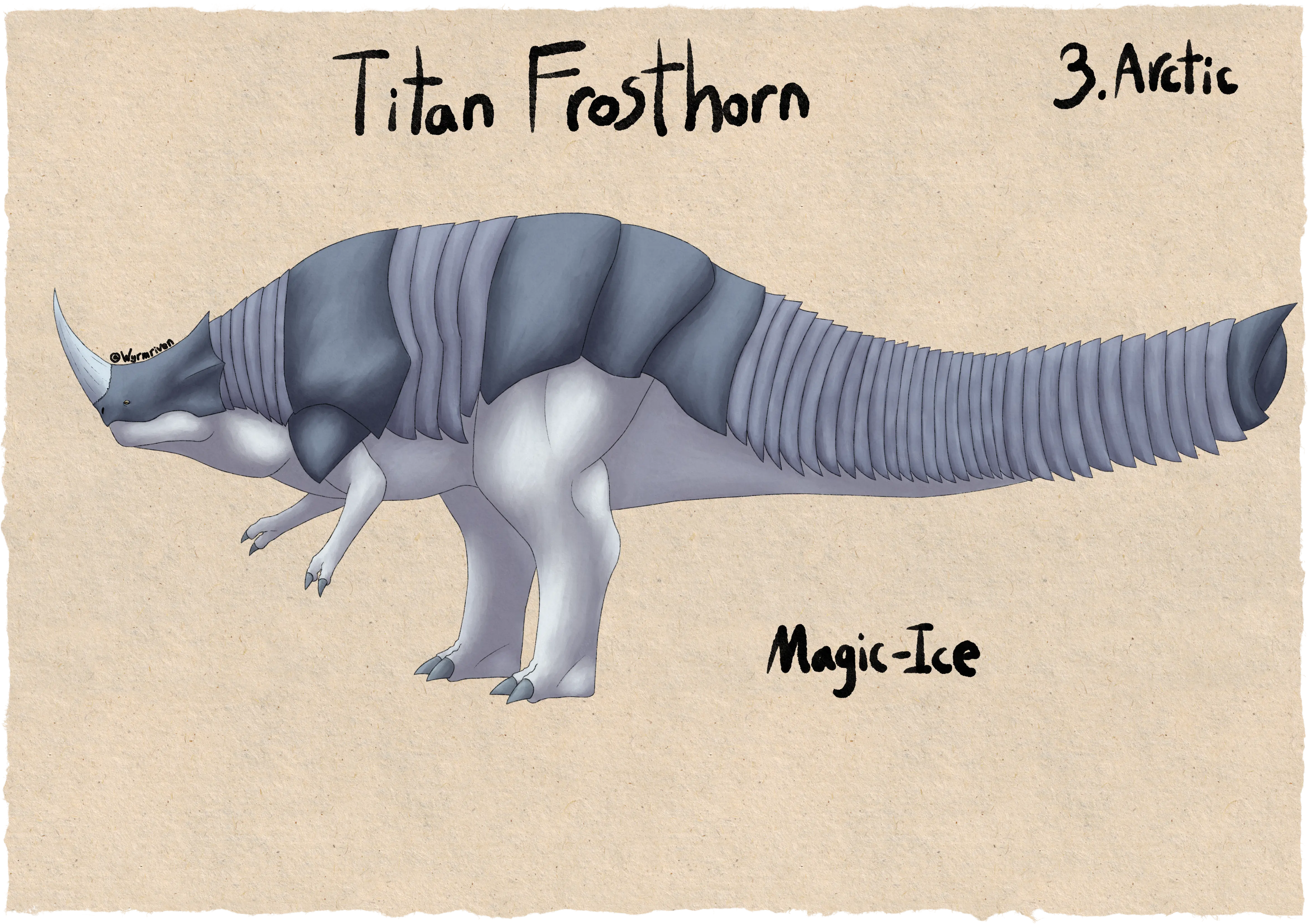 a bulky, bipedal wingless dragon which is covered in heavy armored plating, it is labeled Titan Frosthorn. It has a single pale horn on its nose and a short frill on the back of its head. The armor on its head, shoulders, hip, and tail tip are dark grey, while the plating on the neck, waist, and rest of the tail is a light purple-ish grey. The unarmored parts of its body and limbs are white.