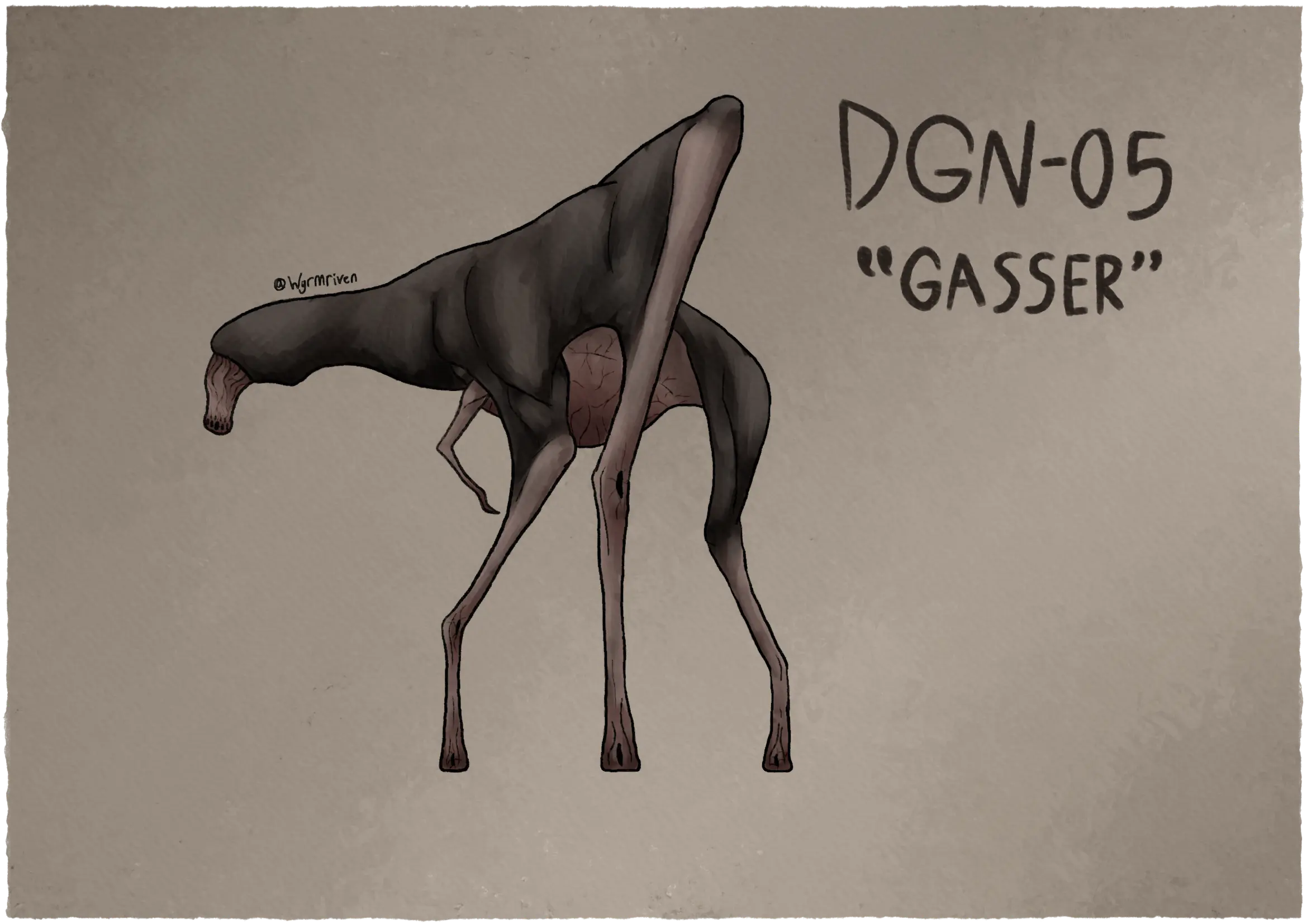 a hexapedal monster, most of its body is dark brown, but its lower limbs, underside, and trunk are a somewhat pinkish lighter brown. The only visible facial feature is its trunk, it is veiny and has many holes at the end. Its neck is long and somewhat lumpy, it leads into a potbellied body. While it stands on six limbs, it does have an extra pair of much smaller arms, they end in a single, sharp finger. Its walking limbs are long and the middle pair emerges from its back, its feet are clublike and have no digits. To the right of the monster are the words DGN-05 and 'Gasser'.