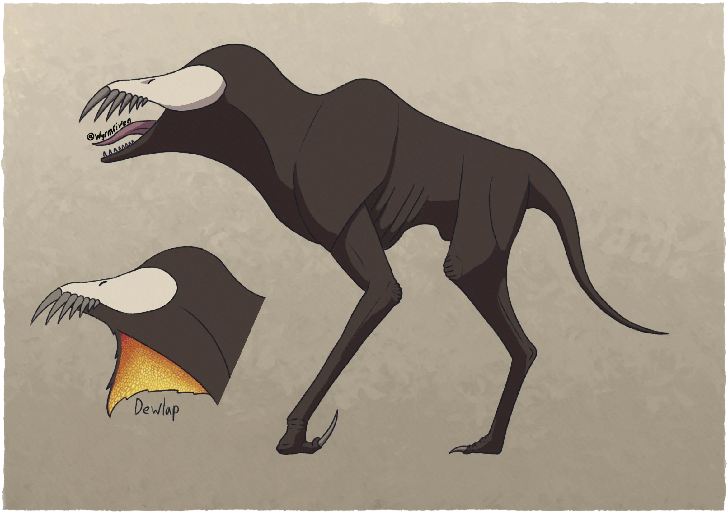 a quadrupedal, wingless, and eyeless dragon. She is mostly brown and has an off-white face plate with long, sharp teeth on it. Her lower jaw has much smaller teeth, and her tongue is visible. She has a very thick neck and a hump on her back. Her legs are long and thin, each ending in a single claw. Her tail is short and relatively thin. To the lower left of her, there is a drawing of just her head with her dewlap exposed. It is somewhat triangular and has a gradient from yellow to red