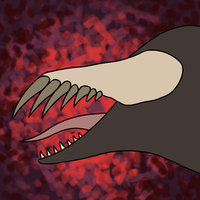 a side portrait of a brown, eyeless dragon with her mouth open. She has an off-white bony shield covering the upper half of her face with long, sharp teeth emerging from the end. The teeth on her lower jaw are much smaller, her tongue is also visible