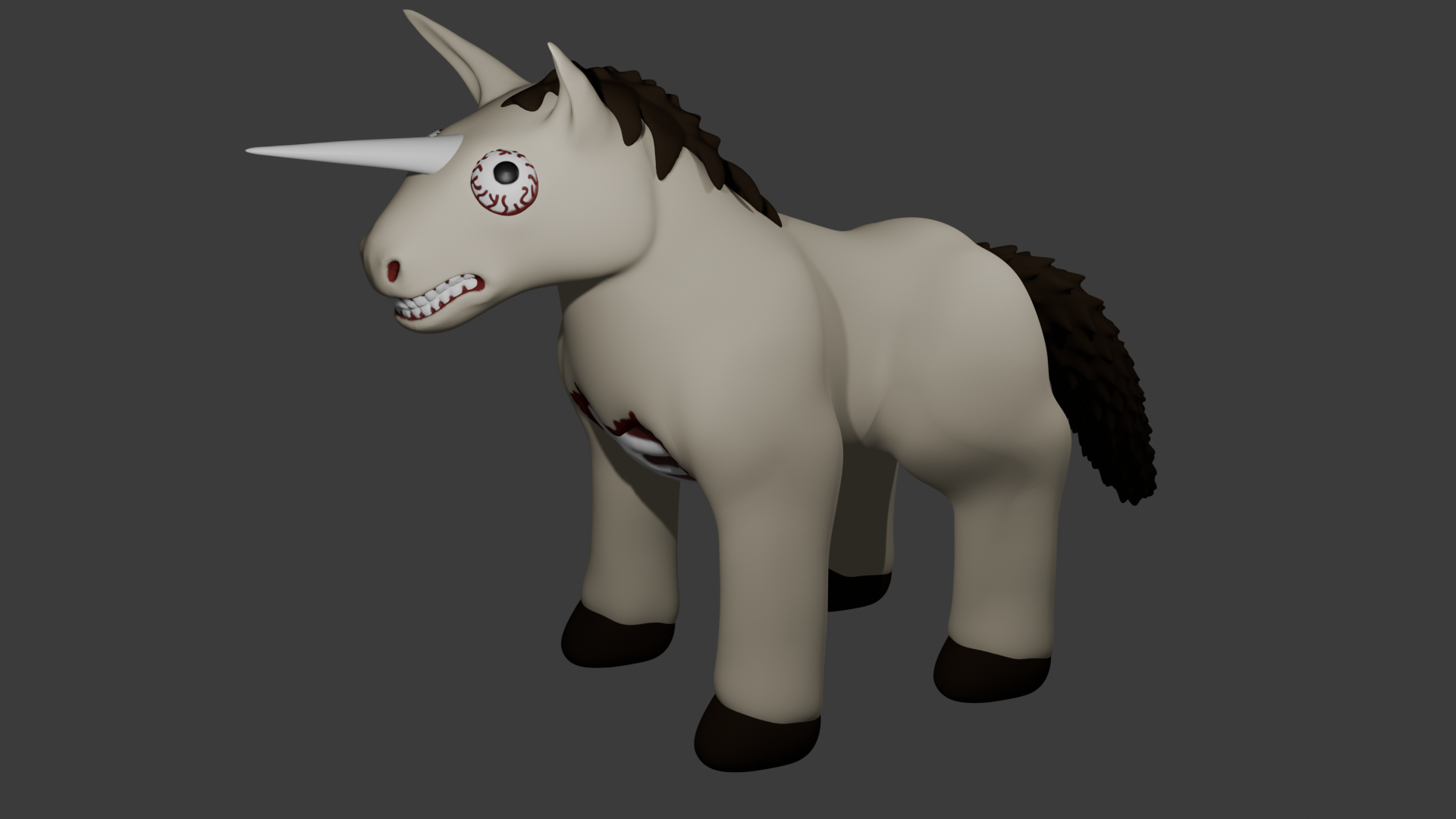 a 3d model of a stylized beige unicorn with bulging, bloodshot eyes and a chest wound.