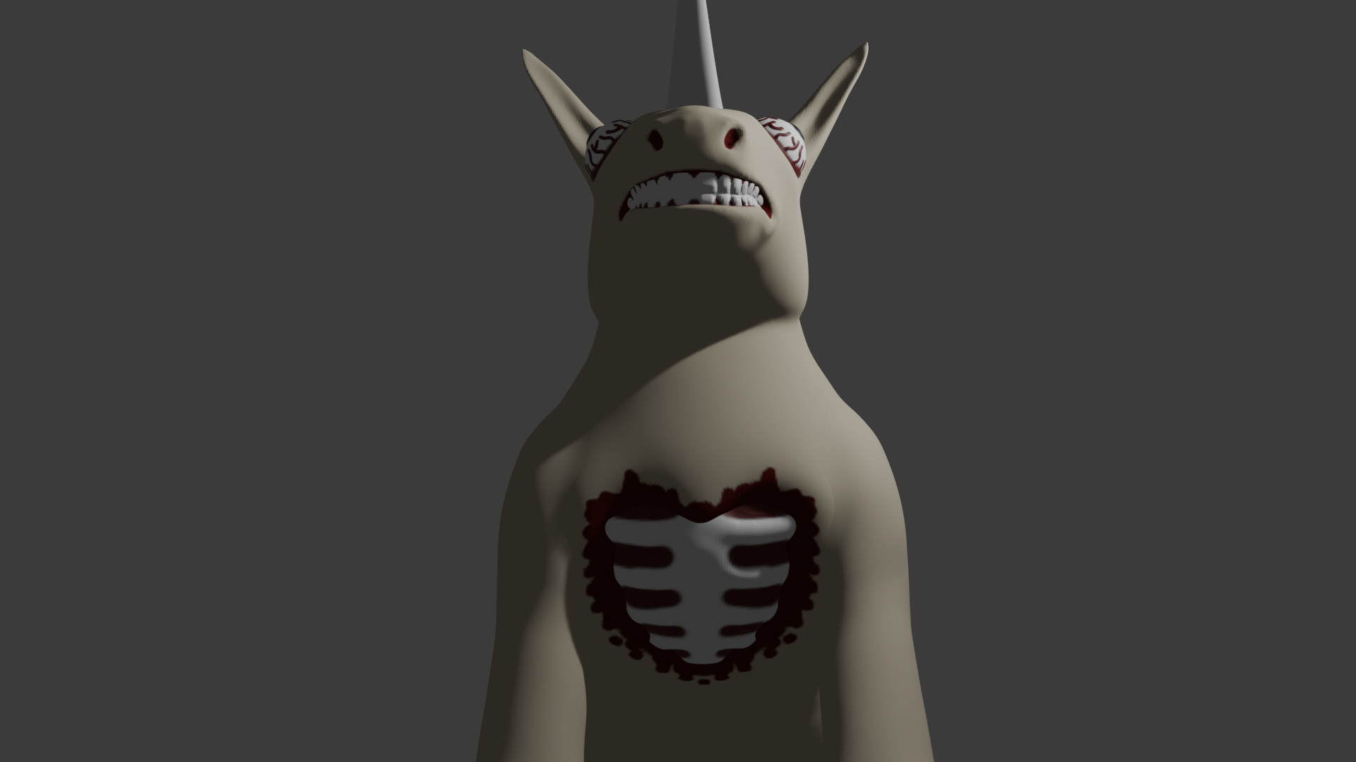 a 3d model of a stylized beige unicorn viewed from the front. Its eyes are bloodshot and it has a heart-shaped wound on its chest, its ribs are visible.