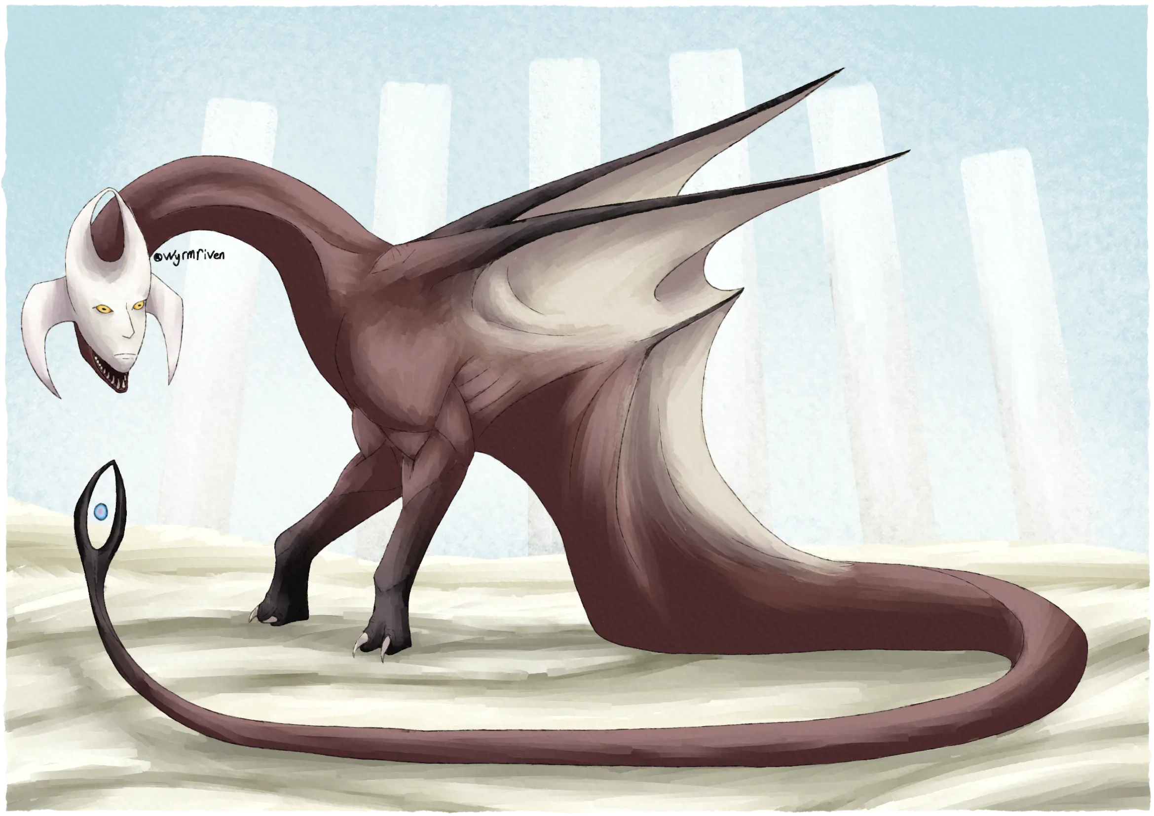 a drawing of a dragon in a desert of near-white sand, six white pillars are seen in the background. The dragon has a long neck, two front limbs and no hind limbs, wing-like structures on its back, and a long tail. Its face resembles a porcelain mask of a human face with yellow eyes and horizontal pupils. The mask also forms four horns, the two on top of its head fuse at the tip, creating a ring, and the two on the sides point downward. Its true mouth is not where the mouth of the mask is, but just underneath said mask, it is open and pointed teeth are visible. Its neck curves down to its body, its arms are strong and end in three claws, just above them are a pair of wing-like structures, they are supported by two pairs of spines. Its tail is very long and ends in an oblong ring, in the center of this ring is a blue and pink orb. Much of its body is a rusty red, but the membranes of the wing-like structures are off-white, and the spines holding it up, as well as the ends of its arms and tail are black.