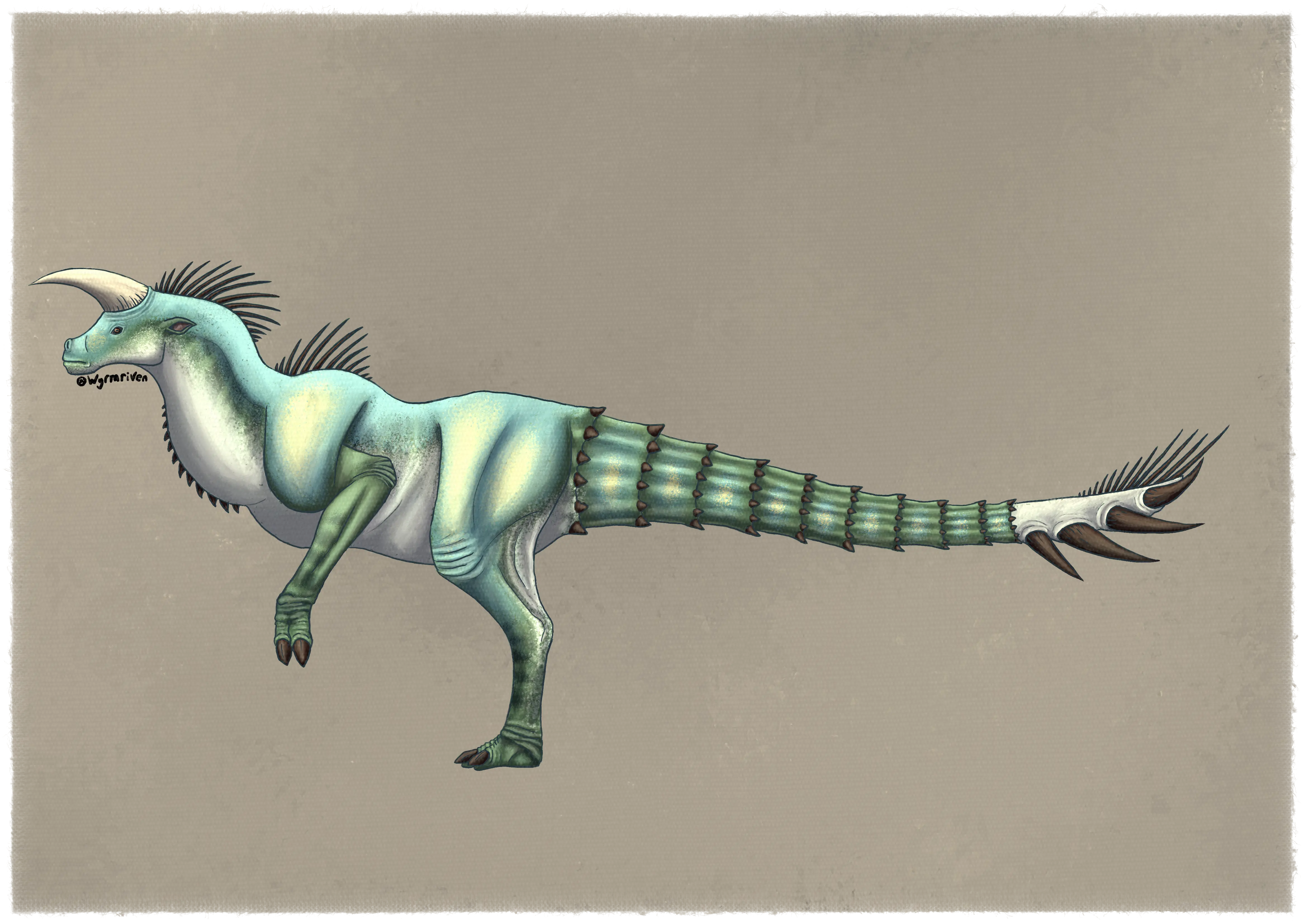 a bipedal, dinosaur-like monster. Its head is horse-like and has dark eyes with horizontal pupils, it has a large horn on top of its head and a pair of pointed ears on either side. It is mostly blue, with yellow in the center of the snout, a green line down the middle, and an off-white chin, underside, and cheek. Its neck is thick and forms an S-curve into the torso, on top is a row of dark quills and on the underside of its neck is a row of spurs, it has the same colors as the head, though instead of yellow, the green part has darker green banding. The torso is thick, between the shoulders is another row of quills. Its front limbs are tucked towards the body, the shoulders are blue with a yellow center and the rest of it is green with darker banding, it ends in two hoof-like claws. The hind legs are muscular, the thighs are mostly blue with two yellow splotches, the area between the thigh and the calf is off-white, and the lower leg is green with darker green banding, ending in two visible hoof-like claws. The tail is segmented, each segment ends in dark spikes. The tail is mostly green with a single blue spot on the side of each segment, and a yellow spot lies inside of each blue one. The final tail segment is off-white and has four pairs of horn-like spikes on its sides, as well as a final row of quills towards the end of it.