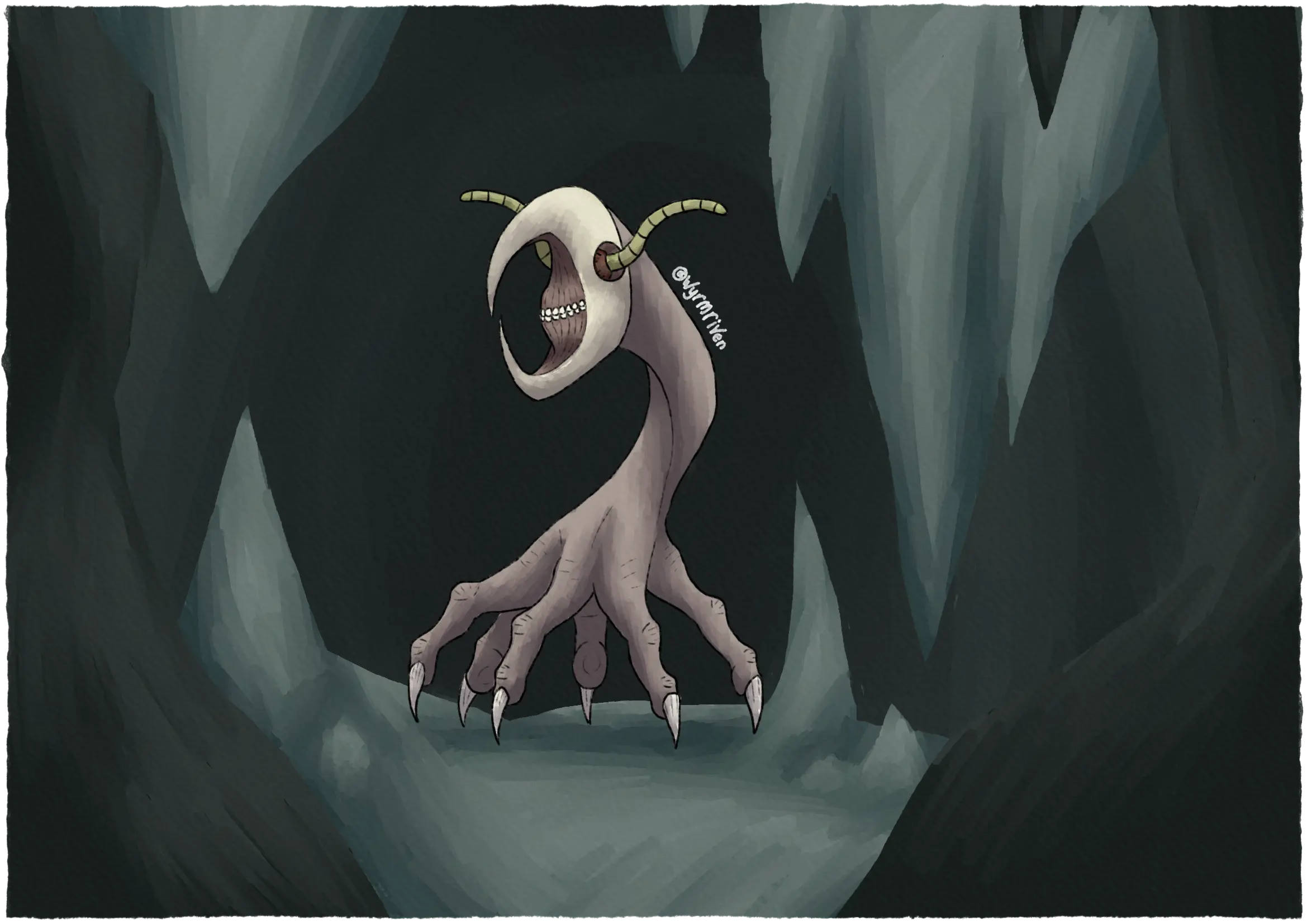 a strange monster in a cave. Its head is crecsent shaped and is mostly off-white, though the inner parts are flesh colored, its mouth is lipless and its teeth are molar-like. On either side of its head are a pair of holes, they each have a yellowish, worm-like tendril emerging from them. Its neck is long and curves into a small, tan body. It has six, finger-like legs that each end in a sharp claw.