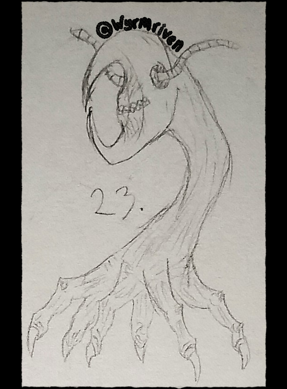 a traditional sketch of a monster with a crecsent-shaped head, a long neck, and finger-like legs.