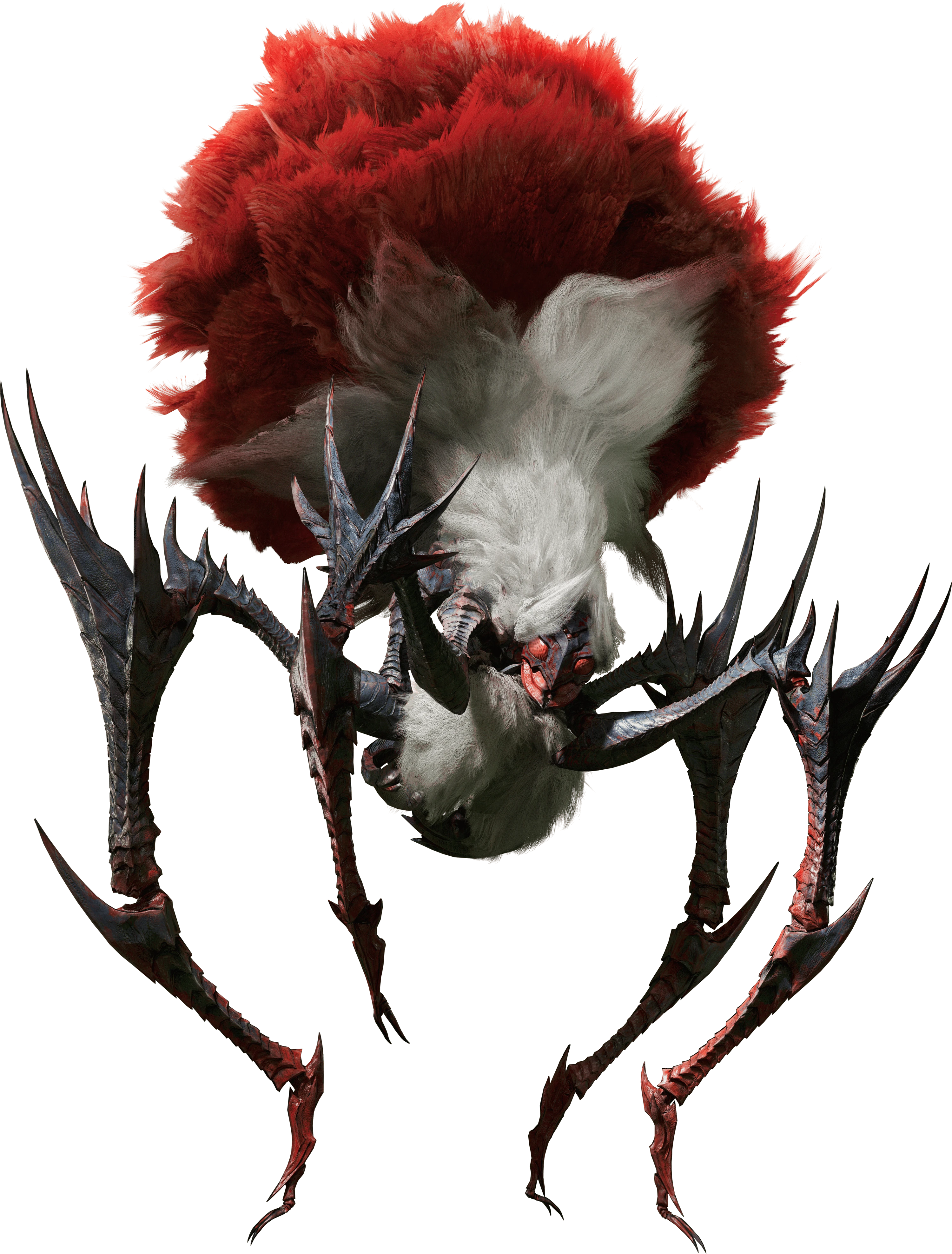 a quadrupedal, spider-like monster with a rose-like abdomen. Its body is covered in white fur, the rose structure is covered in red fur, and its legs are covered in a black and red plated carapace. Its face is wasp-like and has two red compound eyes, three smaller eyes arranged in a triangle on its forehead, and a pair of red mandibles. It has a pair of smaller limbs tucked close to its body, its 'hands' are covered in white fur. Its legs are angular, covered in a plated exoskeleton, and have many spikes, especially near the joints.