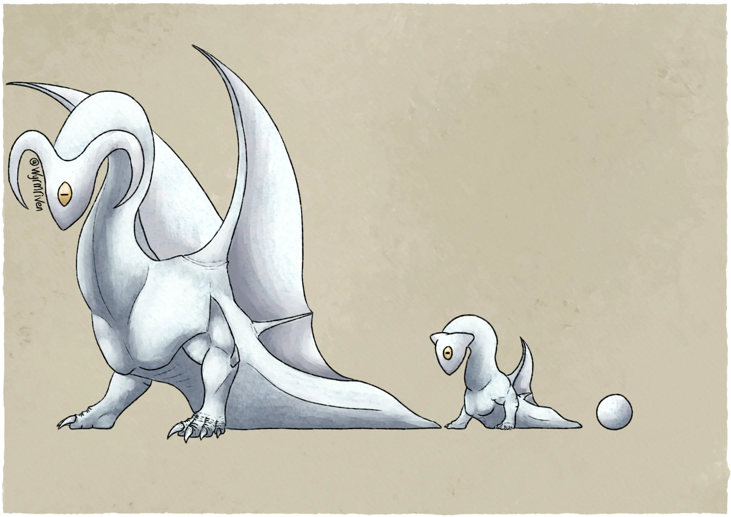 the growth stages of a winged lindworm-like dragon, the adult is on the left, the juvenile is in the middle, and the egg is on the right. The adult has a single, yellow eye in the center of its face, and has a pair of downward curving horns. Its long neck curves down into its body, its front legs are short and muscular, ending in four claws, while its thick tail acts as a third leg, being dragged across the ground. Its wings are made up of two spines, the first one is much longer and starts from the shoulder, while the second, shorter one comes out near the base of its tail. The dragon's head and wing membranes are white, while the rest of its body is a slightly darker, cooler white. The juvenile resembles the adult, though it lacks true horns, is chubbier, and has significantly smaller wings. The egg is white and entirely round.