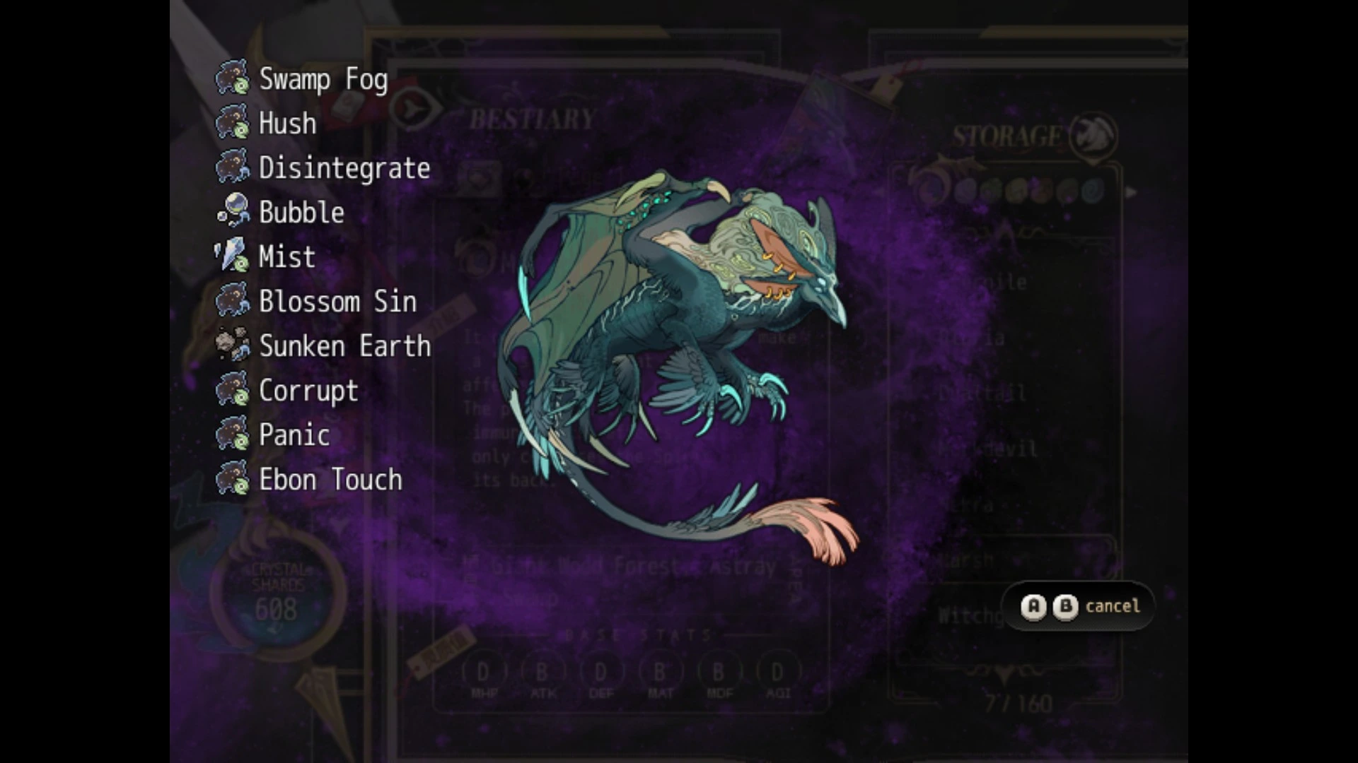 a floating dark teal dragon, it has two wings, its front legs are feathered, and its hind limbs are also feathered, though they are paddle-like in shape, all limbs have long, sharp claws, its front limbs also have a pair of larger, blade-like claws. Its head is beaked and has four eyes, four large ears with several piercings, and a 'mane' of mist coming from the top of its head and the back of its neck. Lighter teal markings can be seen on top of its beak, as well as its sides and back. More feathers can be seen at the base of its thin tail, which ends in a plume of pink feathers.