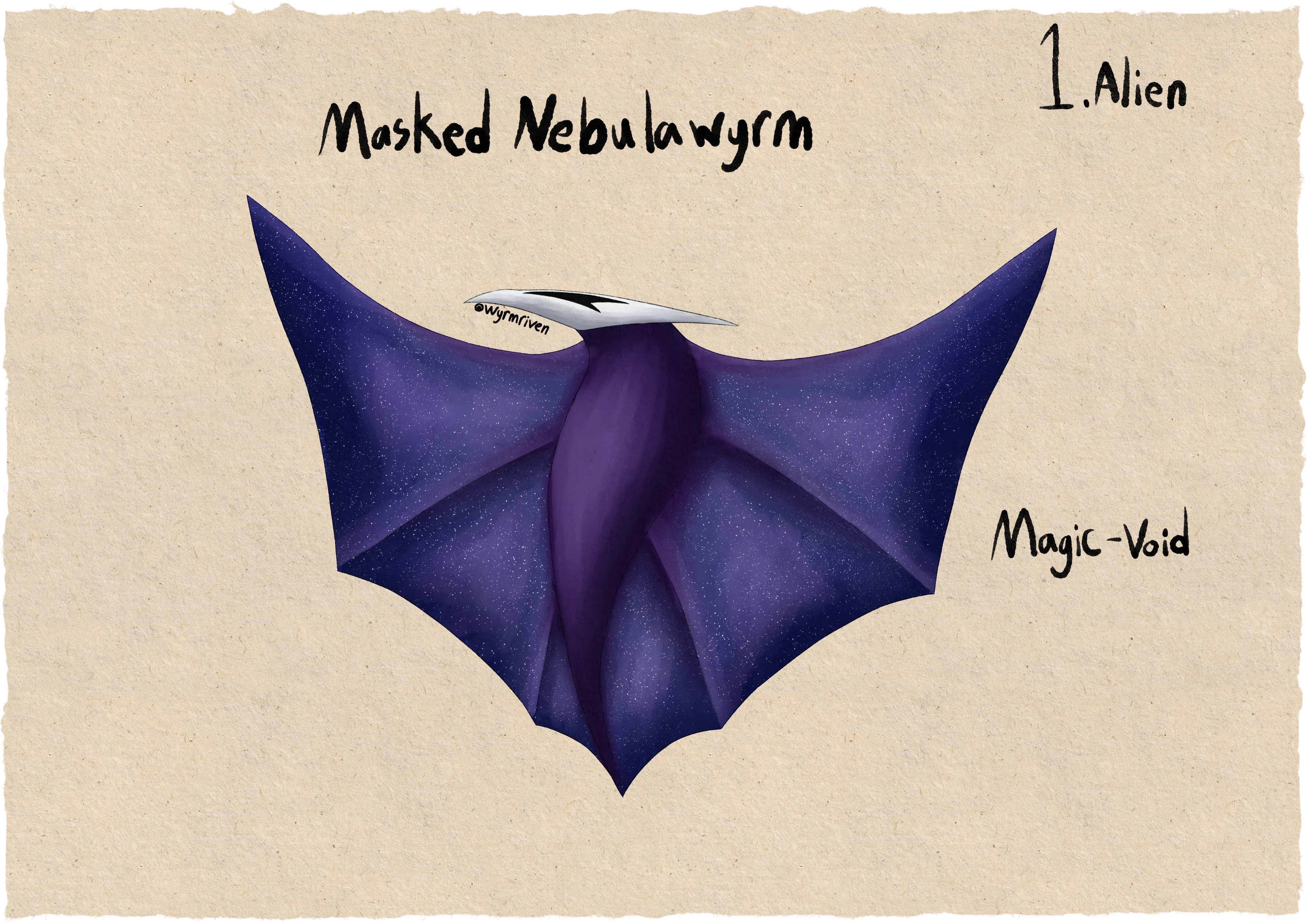 A limbless, winged dragon on a paper background, it is labeled 'Masked Nebulawyrm', in the upper right corner is written '1. Alien' and below it is written 'Magic - Void'. Its head is turned to the left, it is mask-like and entirely white, with a black streak visible where its left eye would be. Its body is tapered and purple with three spines holding up its wings. Its wings are a dark bluish purple and are darkest towards the edges, with white, star-like markings scattered across them.