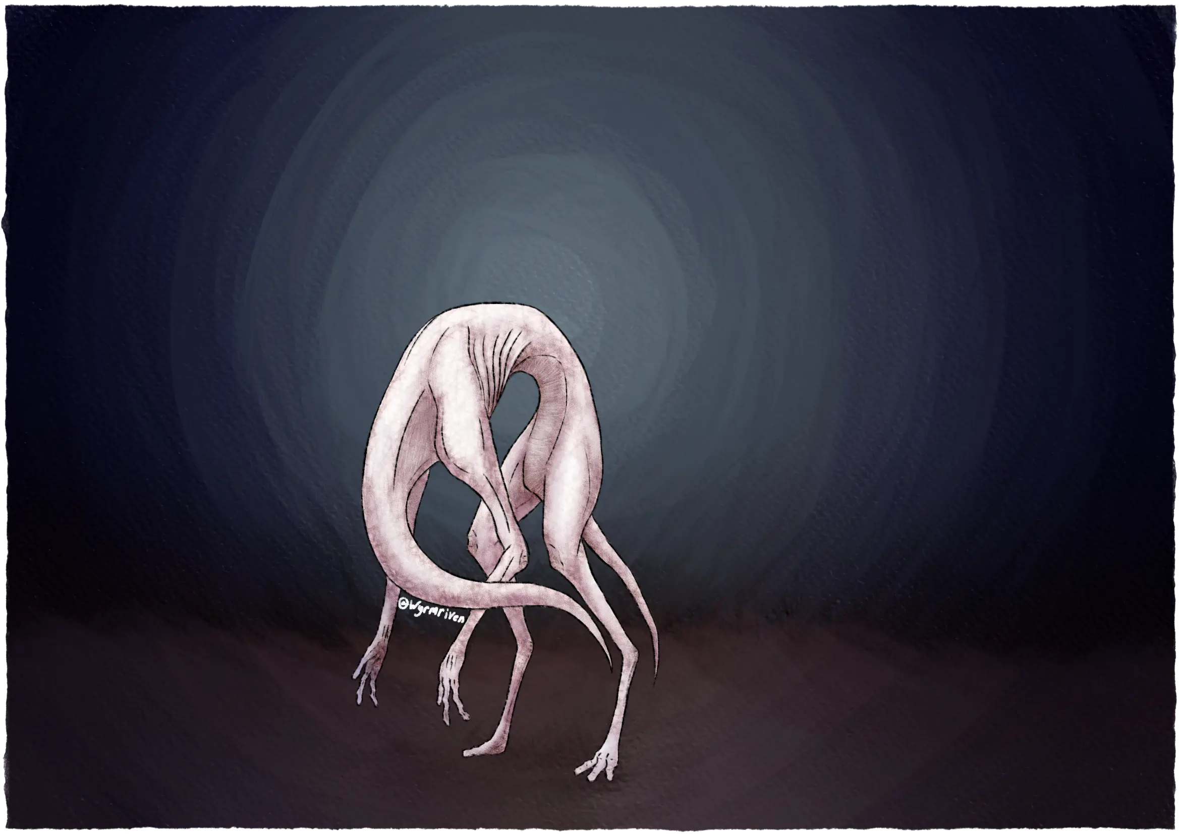 a drawing of a monster with pale, blotchy skin on a somewhat abstract looking background, the lower part of the background is a ruddy brown and the upper part is blue. The monster has no head, instead having a long, tapered neck, its body is incredibly gaunt with visible ribs. Its arms are long and bony, ending in clawless, three-fingered hands. Its upper torso is held horizontally, but bends at a right angle shortly after the ribs end. its lower torso is also rather thin and ends in a skinny tail and a pair of legs. Its legs are long and thin but not quite as bony as the arms, they end in three clawless toes.