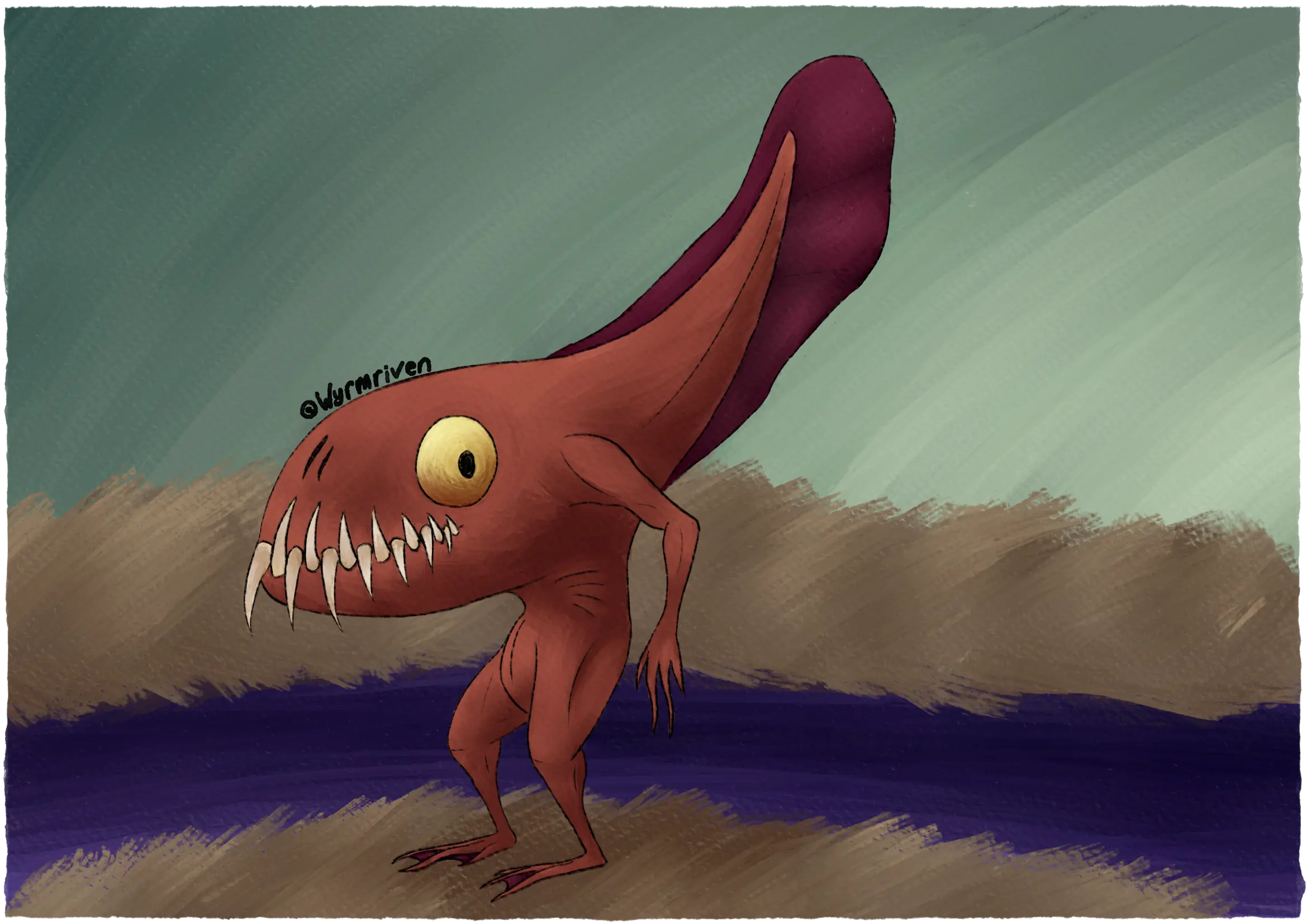 a drawing of an orange tadpole monster with sharp teeth and a humanoid torso beneath its main body. It is standing on dry grass near a poison river