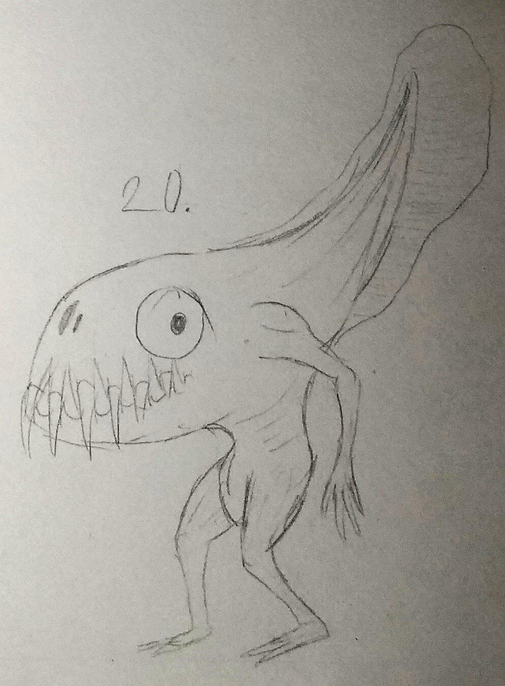 a traditional, uncolored sketch of a monster that resembles a toothy tadpole with a humanoid torso underneath its body