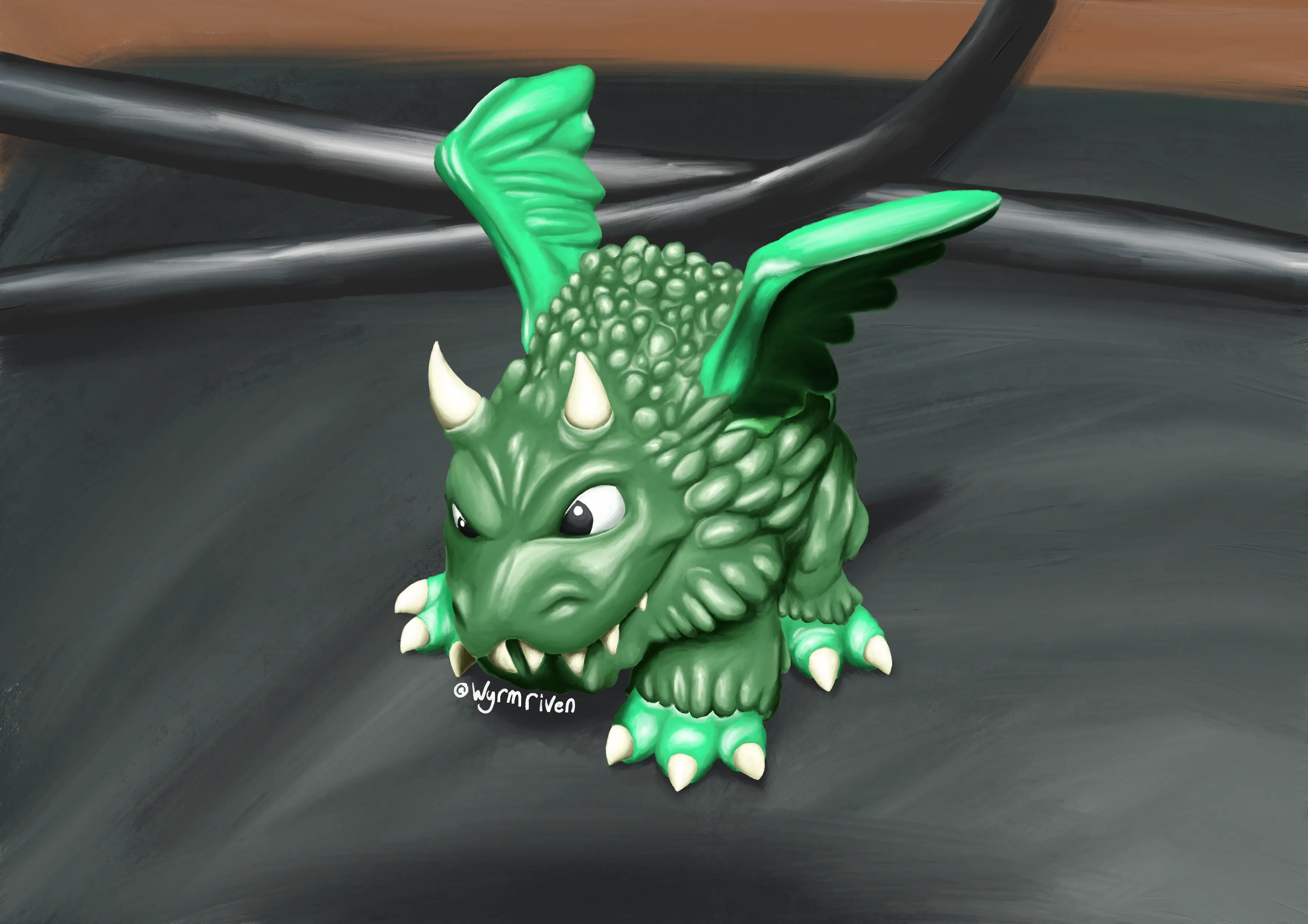 a digital painting of a small, green dragon figurine. Its head takes up most of its size, it is boxy and has a wide mouth with an overbite. Two small horns are seen above the eyes and large, triangular teeth are poking out from its mouth. Its legs are stubby and end in large, brighter green feet, its wings are a similar shade of green and are also rather small.