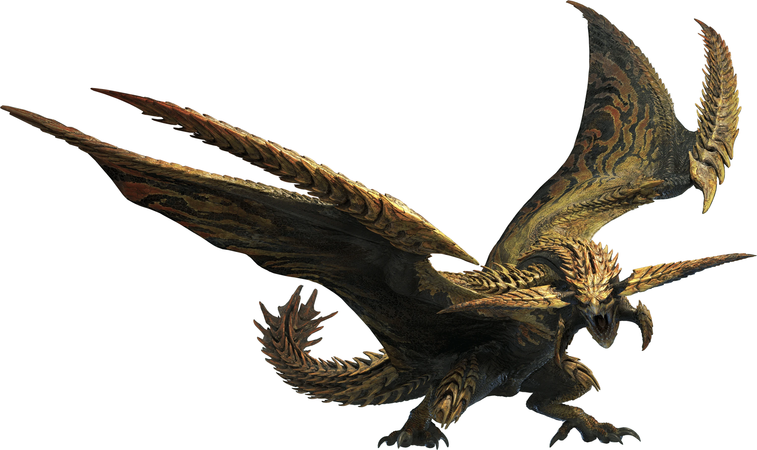 a bipedal, black and gold wyvern, its body is covered in spiny, overlapping plates. It has two rows of teeth and four, plated horns, their base is black and scaly while the plated parts are gold. Its wings are large and are covered in black, gold, and orange patterns, the outermost finger is separate from the membrane and is heavily plated. Its underside is mostly black, though a few gold stripes extend onto its chest. Its thighs are covered in spiny plates, the rest of the leg is covered in smaller scales and end in sharp talons. Its tail is very thick and the spines on the armor are especially long, they are somewhat bladed at the tip.