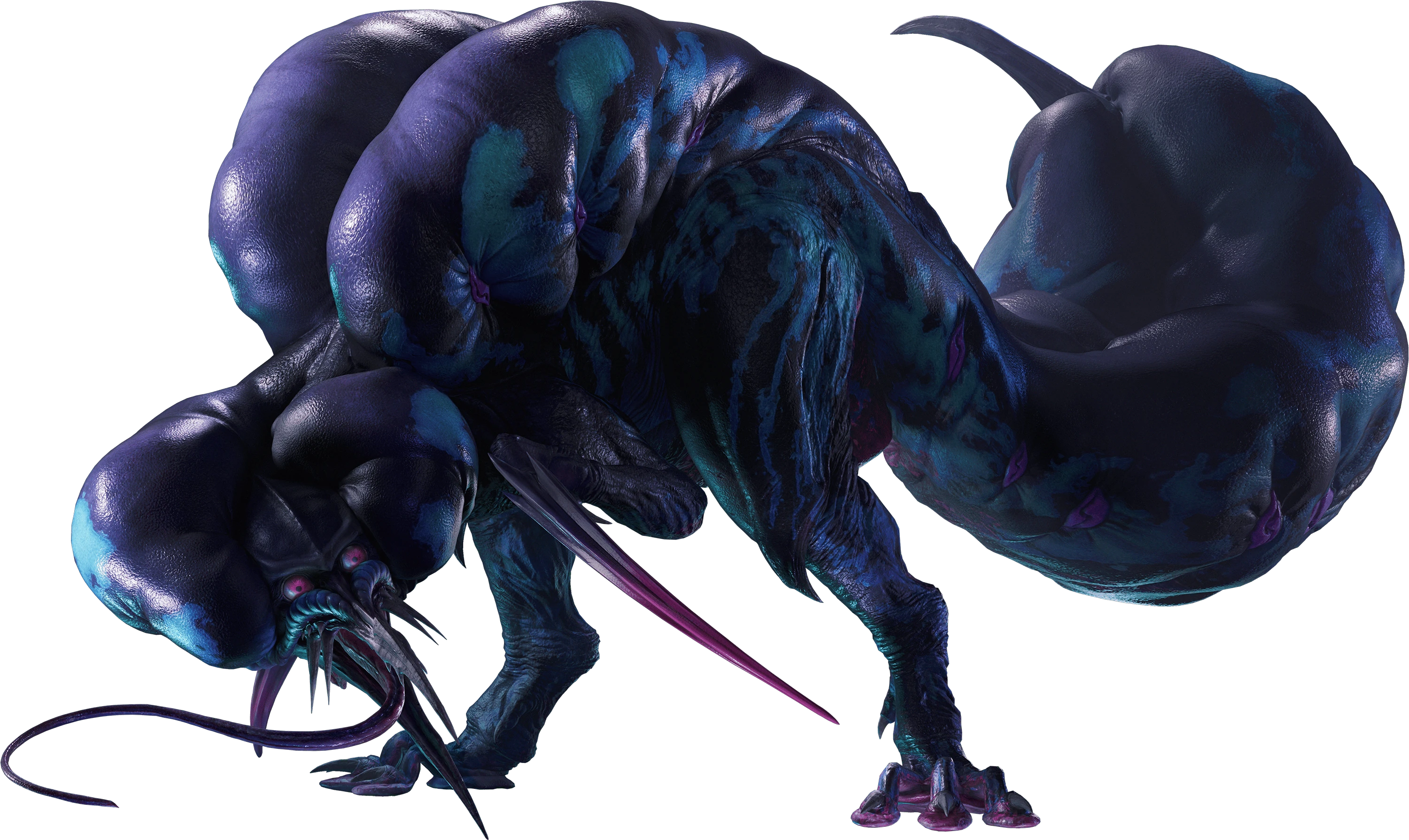 a bipedal dinosaur-like monster which has sacs on its head, back, and tail. Most of its body is a deep, dark purple, with blue and cyan markings scattered across its sides, the orifices lining each sac are purple, and the bottoms of its feet, the ends of its hand claws, and its eyes are magenta. Its face is bird like and has a long, pointed beak, which has two pairs of tusks or fangs and three pairs of smaller teeth. Its eyes are large and forward facing. Its front limbs are short and end in a long talon, while its hind limbs end in three short claws on froglike toes. Due to the sacs on its tail, it looks thicker than it actually is, and it ends in a large stinger.