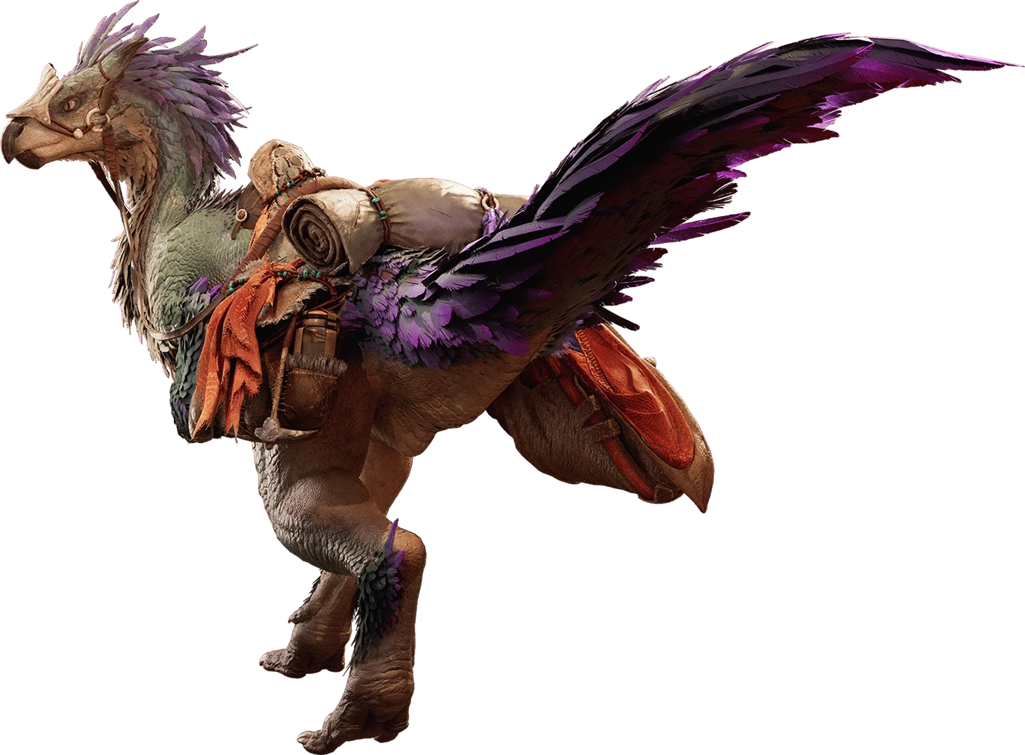 a bipedal, raptor-like monster. Its scales are green and tan, while its feathers are green, tan, and purple. At the end of its snout is a dark beak, it also has two pairs of horns at the back of its head. Most of its feathers are on its neck, chest, arms, and tail. It is also equippped with a bridle, a saddle, some bags, and what appears to be a blanket or sleeping bag.