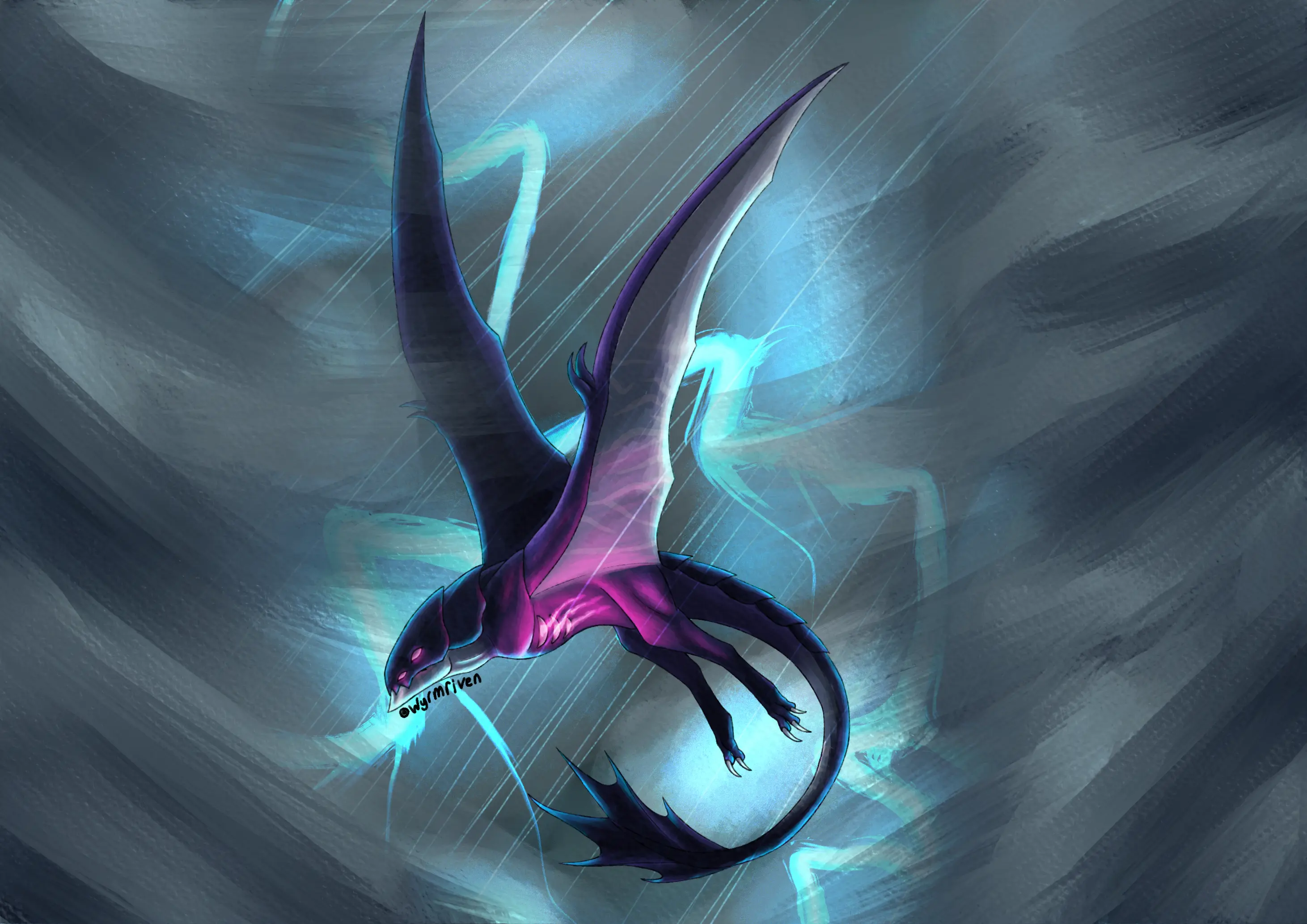 a flying dragon with two legs and two wings in the middle of a storm. She has four, glowing pink eyes and a sleek head. Three pairs of slits are on either side of her torso, releasing glowing pink energy. Her body is mostly dark purple, but her lower jaw and inner wing membranes are white. Her tail ends in a fish-like fin.