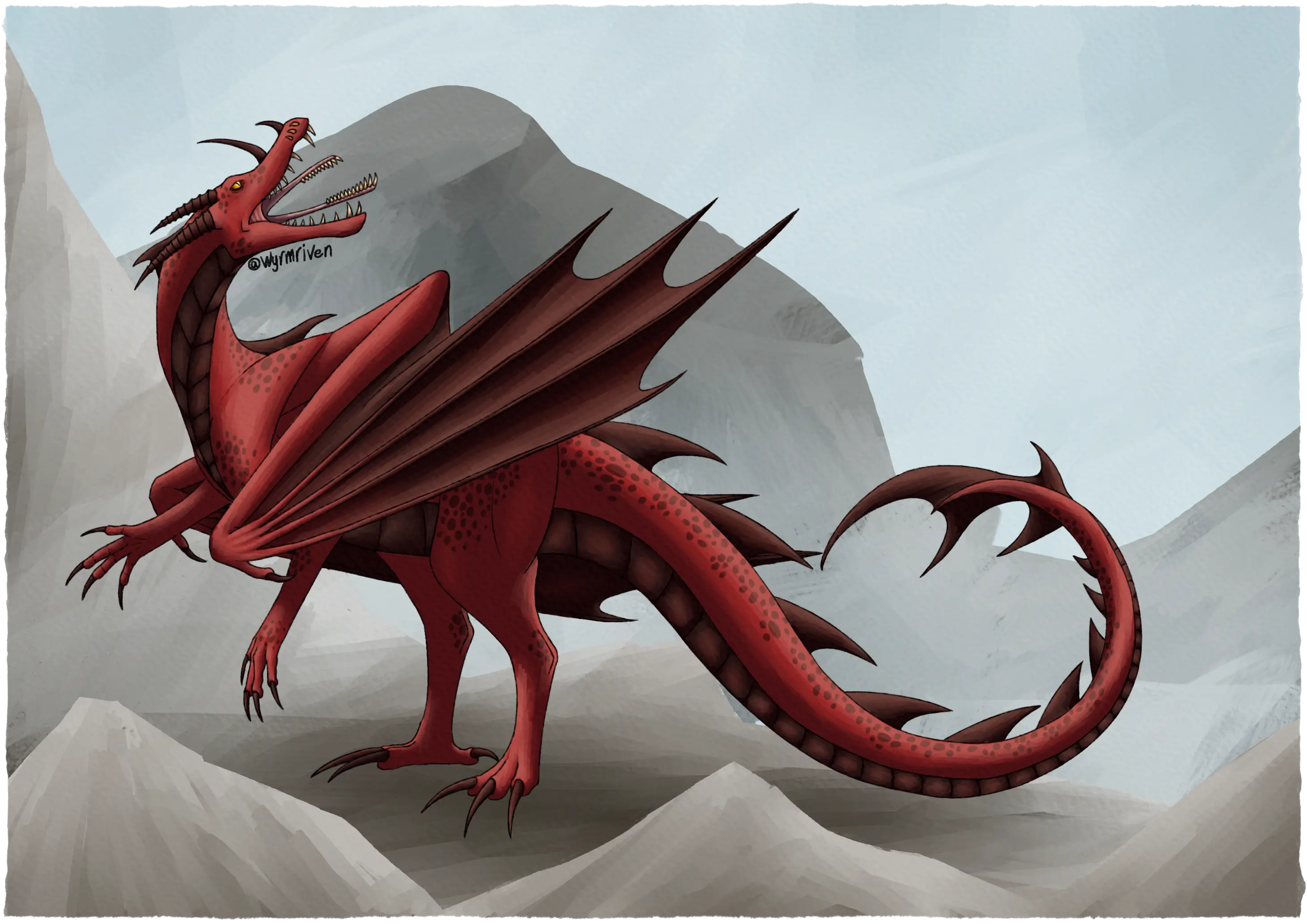a bipedal red dragon with four legs and two wings. His head is reminiscent of that of a crocodile, bearing four horns and a set of pharyngeal jaws. Dark brownish red spots are scattered across his skin, his claws are long and sharp, and his wings are in a folded position.