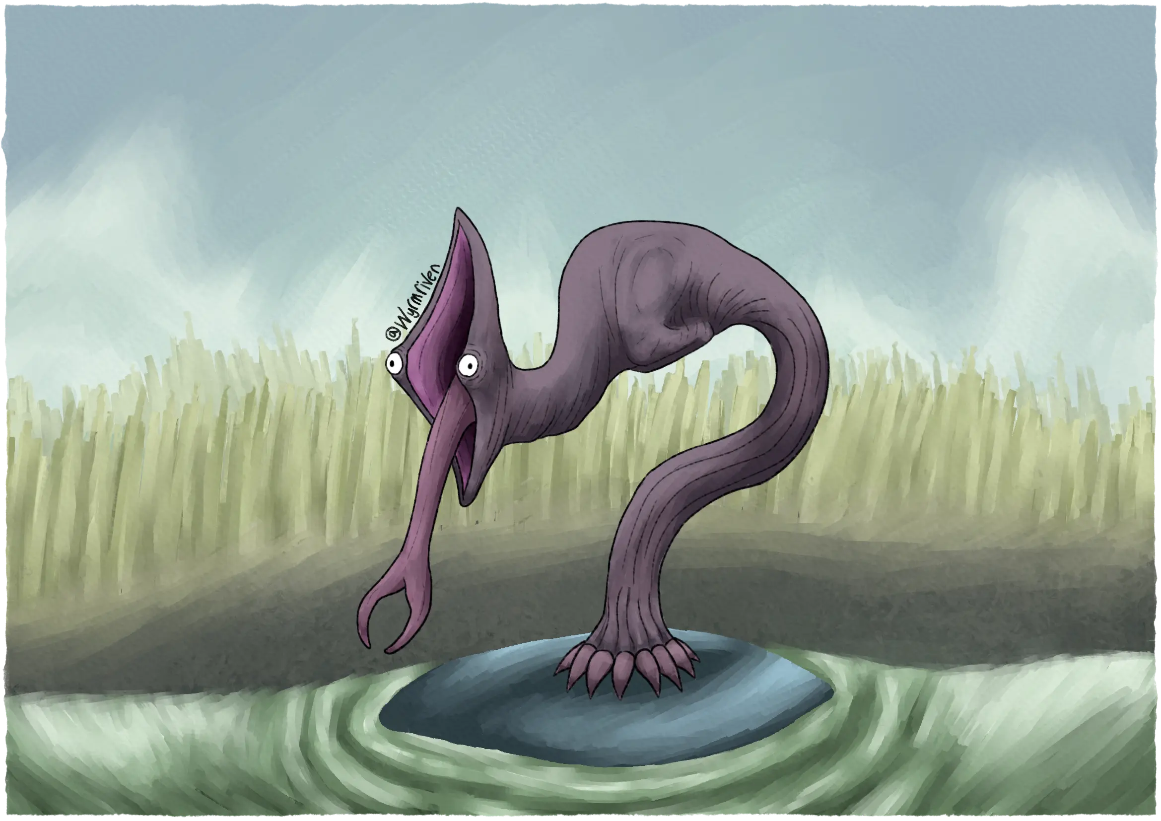 a digital painting of a strange monster on a grassy background, the sky is blue. It is standing on a rock in a green river. Its head is like that of a gulper eel, though the mouth is vertically aligned, its eyes are on either side of this mouth. A large, forked tongue is visible. Its torso is armless and leads into a single flexible, tube-like leg that ends in a many clawed foot. Its skin is a dull purple.