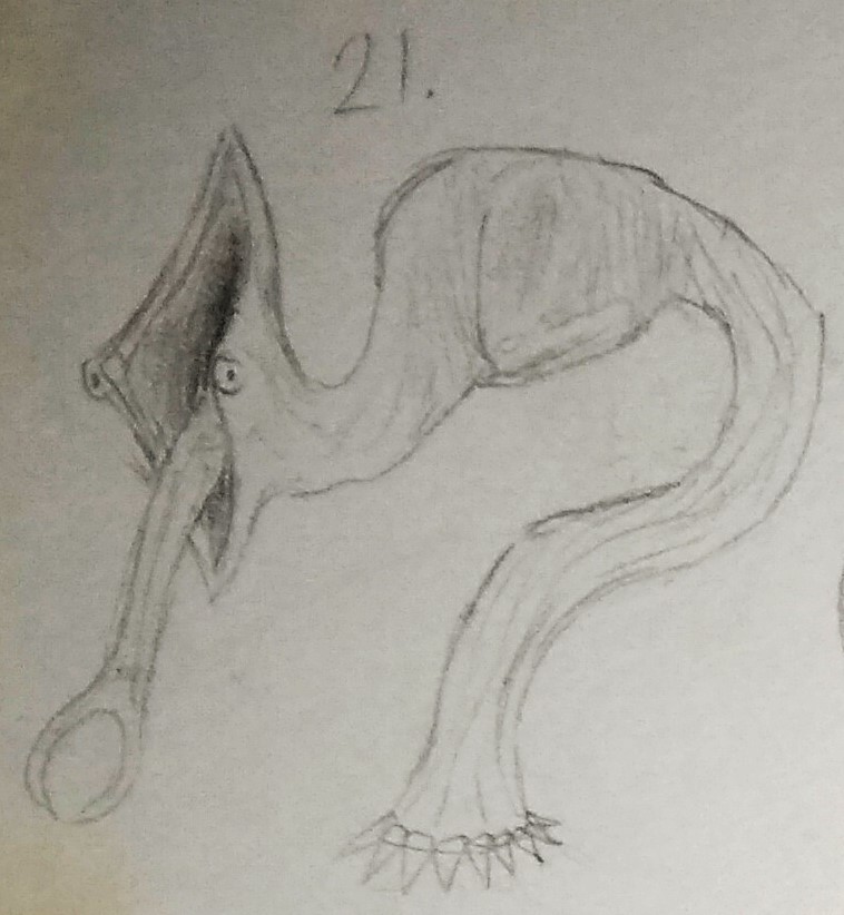 a sketch of a monster with a large, vertically aligned mouth, a tube-like body, and a single foot.