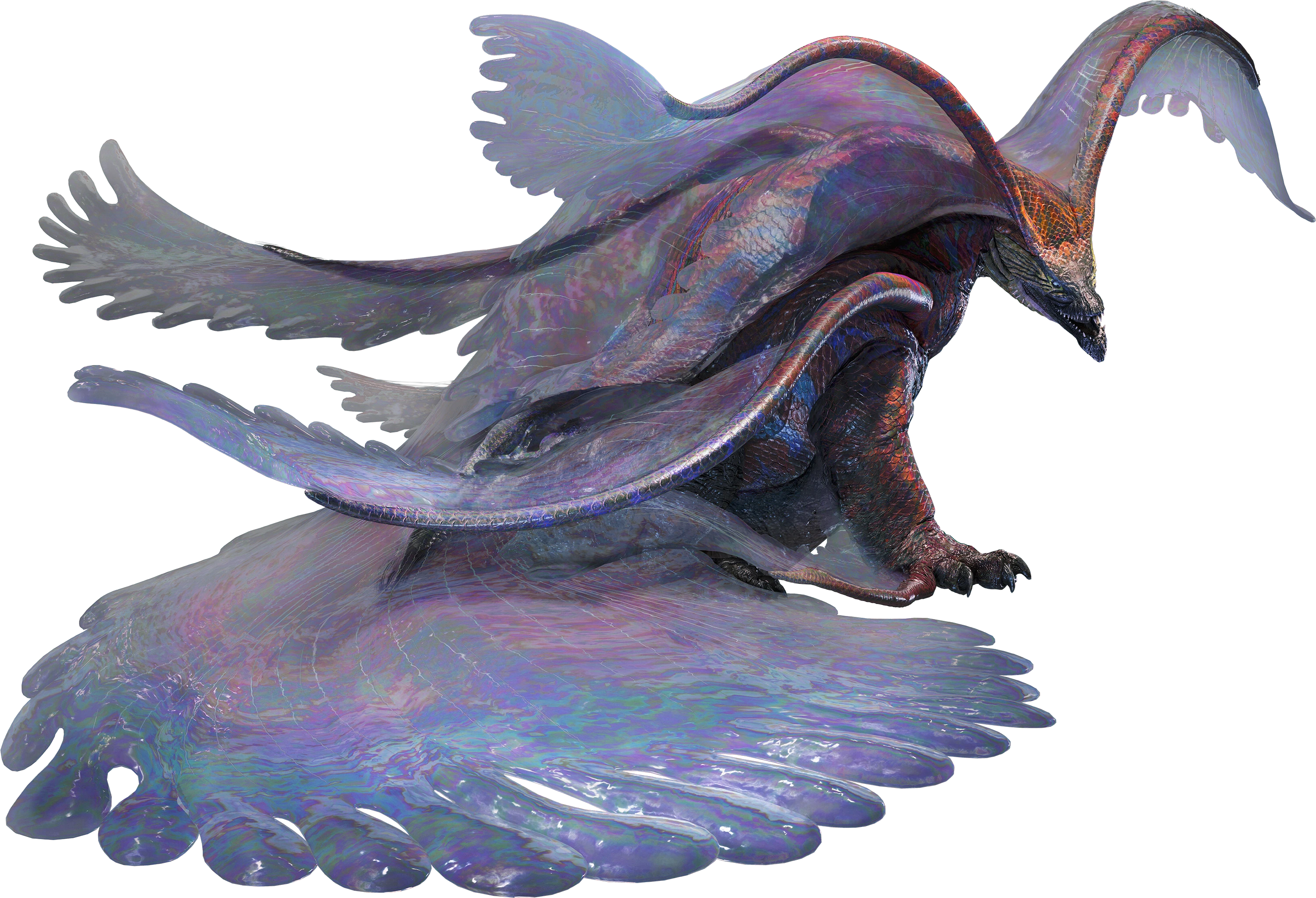 a chunky, quadrupedal monster that has many tendrils that support translucent membranes. Its face is yellow with black stripes on its cheeks and black on its snout, forehead, and lips, its body is red with blue and dark green stripes, and the membranes are iridescent. Its face is very fish-like, with small, sharp teeth lining its mouth. Its neck is short and thick, leading into an even thicker body. Its limbs are stubby and end in short claws, its hind legs and tail are obscured by the hindmost membrane. The tendrils can be seen on its head, its back, its shoulders, and its front feet.