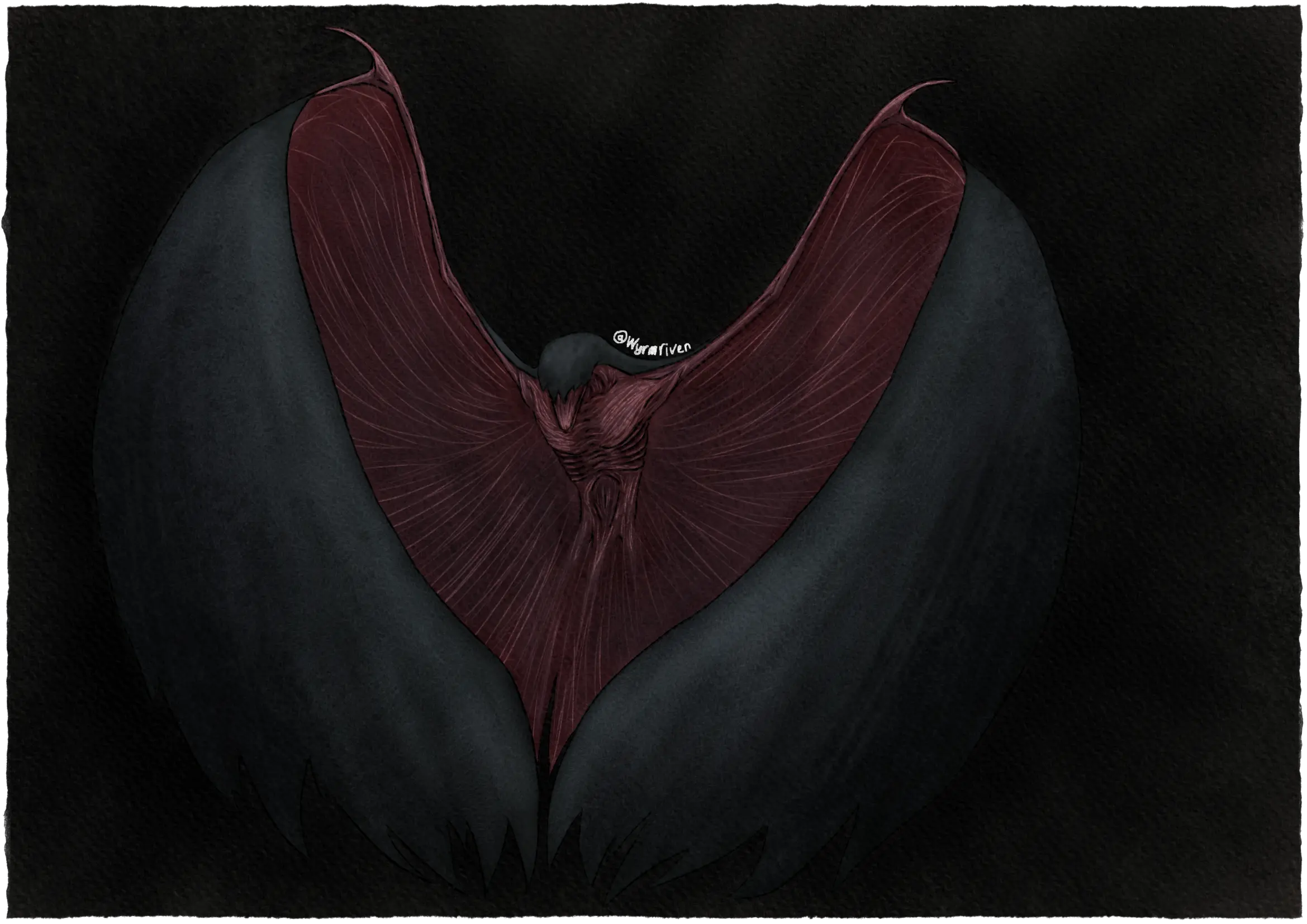 A drawing of a dragon on a background that is black in the center and a very dark, dull yellow on the edges. The dragon lacks and a tail, the only extremities being its head and massive, ragged wings which are curling in on themselves. Part of its head is obscured by black cowl of ragged skin, the part of it that is exposed is fleshy. Its torso is emaciated, small, and is also fleshy in appearance, towards the bottom it blends into the wing membrane. The top side of its wings are black while the underside is fleshy.