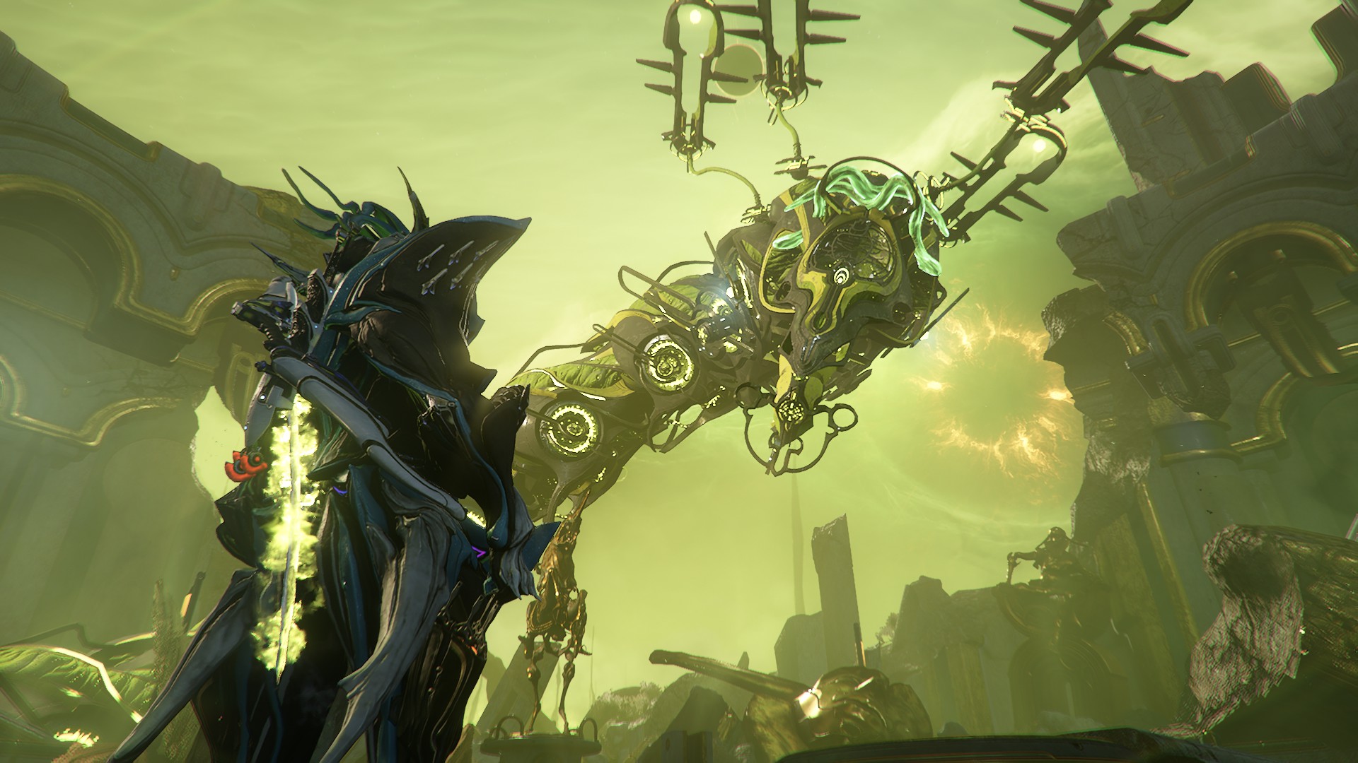 an ornate, serpentine creature staring down Temple, a glam-rocker Warframe. The sky is green and a massive, orange eye gazes down from above. Both the creature and Temple are surrounded by a white and gold structure, much of it is visibly damaged. The creature itself is black and green in color, its body is segmented and its head has four cable-like protrusions which each end in a structure which somewhat resembles a flattened light bulb filament, each one has two pairs of spikes. Further down its head are a pair of entwined snakes.