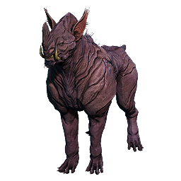 a hairless, dog-like creature covered in armored, reddish skin. Its ears are pointed and it bears a sharp horn on its nose, it also has a pair of tusks emerging from its lower jaw.