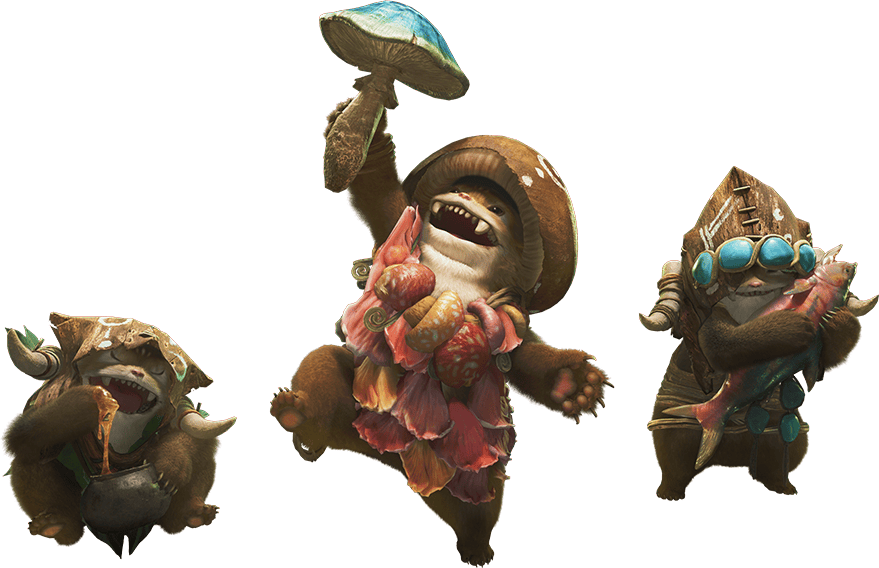 three short, chubby humanoid creatures that are covered in a coat of brown fur. Their eyes are small and dark, they have small, pink noses, and a wide mouth with two short tusks. Their face and chest are covered in lighter fur. Their arms and legs end in clawed paws, they have pink pawpads. The one in the middle is wearing a mushroom-shaped hat and is holding up a blue mushroom, it is also wearing clothing made out of many vibrantly colored mushrooms. The one on the left is wearing a leather hood with painted on patterns, two spikes are tied onto either side of the hood, its eyes are closed and is eating from a pot full of honey. The one on the right also has a leather hood with two spikes on either side, though that one has a band of turquoise stones on its head, two more bands of stones are dangling in front of its torso, it is also holding onto a red and black fish.