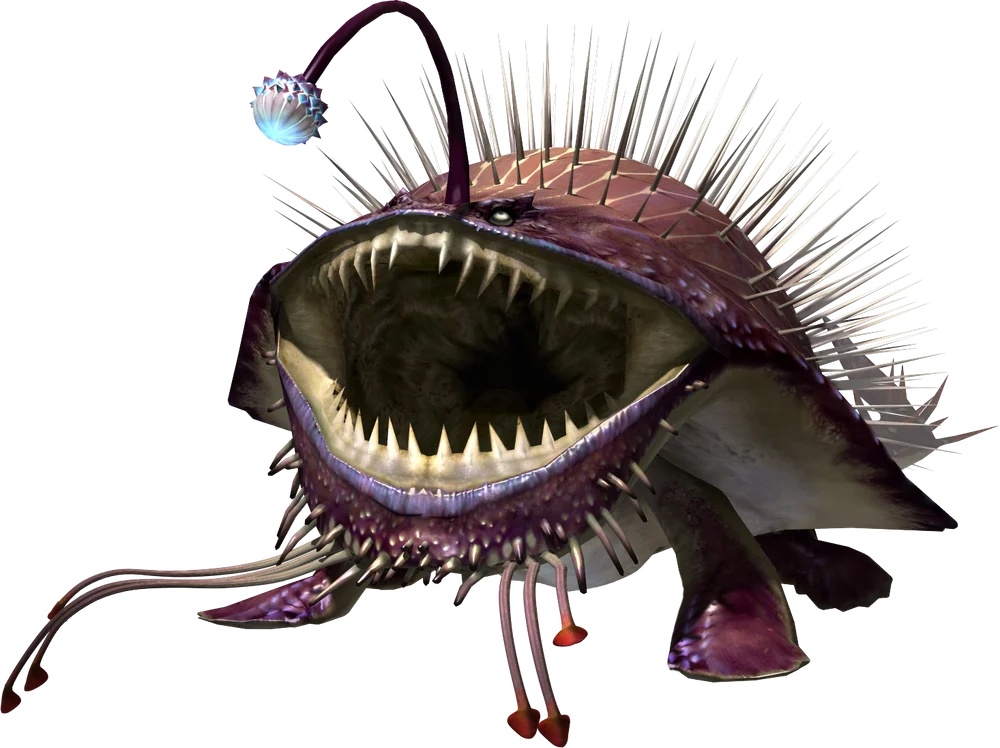 a purple quadrupedal, fish-like monster, it has a wide mouth full of sharp teeth and a glowing lure above its head. It has many whiskers on its lower jaw and its back is covered in spines. Its feet are clawless and flipper-like