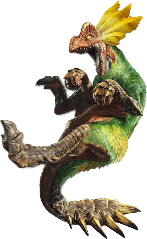 a bipedal raptor-like monster with a scaly orange face and underside, brown scutes on its limbs, green and yellow feathers on its body, and a yellow feather crest on its head. Its tail is thick and has many spikes on either side of it.