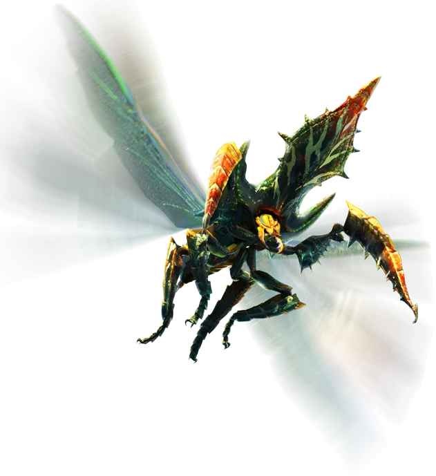 a large, three-horned beetle-like monster in flight. It is mostly green, but the forelimbs, head and tip of the central horn are orange, and it has white markings underneath the central horn. It has sharp mandibles and large yellow compound eyes. Its forelimbs are armored and have thorny spines on their inner edges. Its wings are long and iridescent.